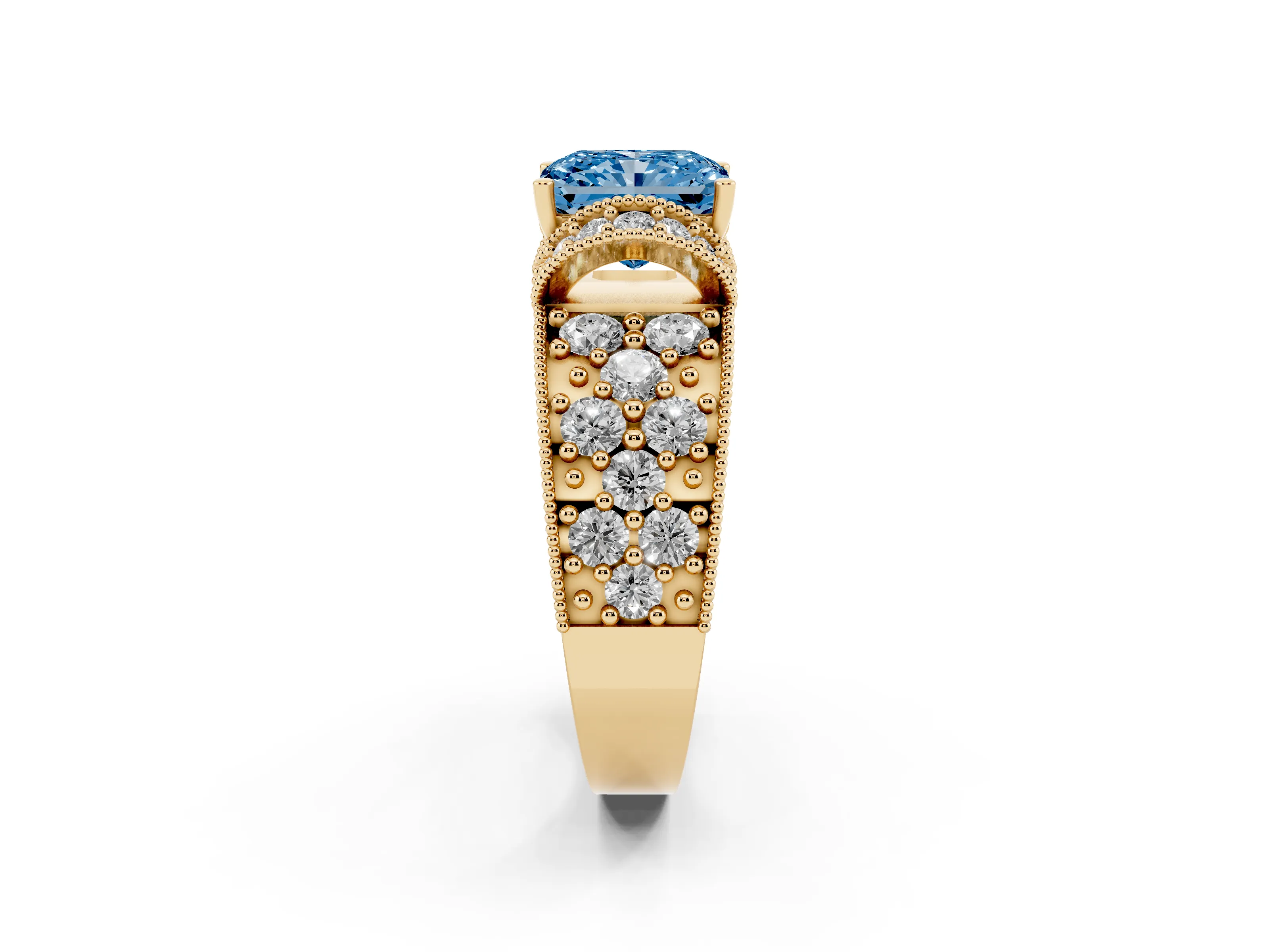 Fancy Blue Radiant Cut Diamond Milgrain Halo Pavé Engagement Ring Set in Yellow gold with Prong Setting