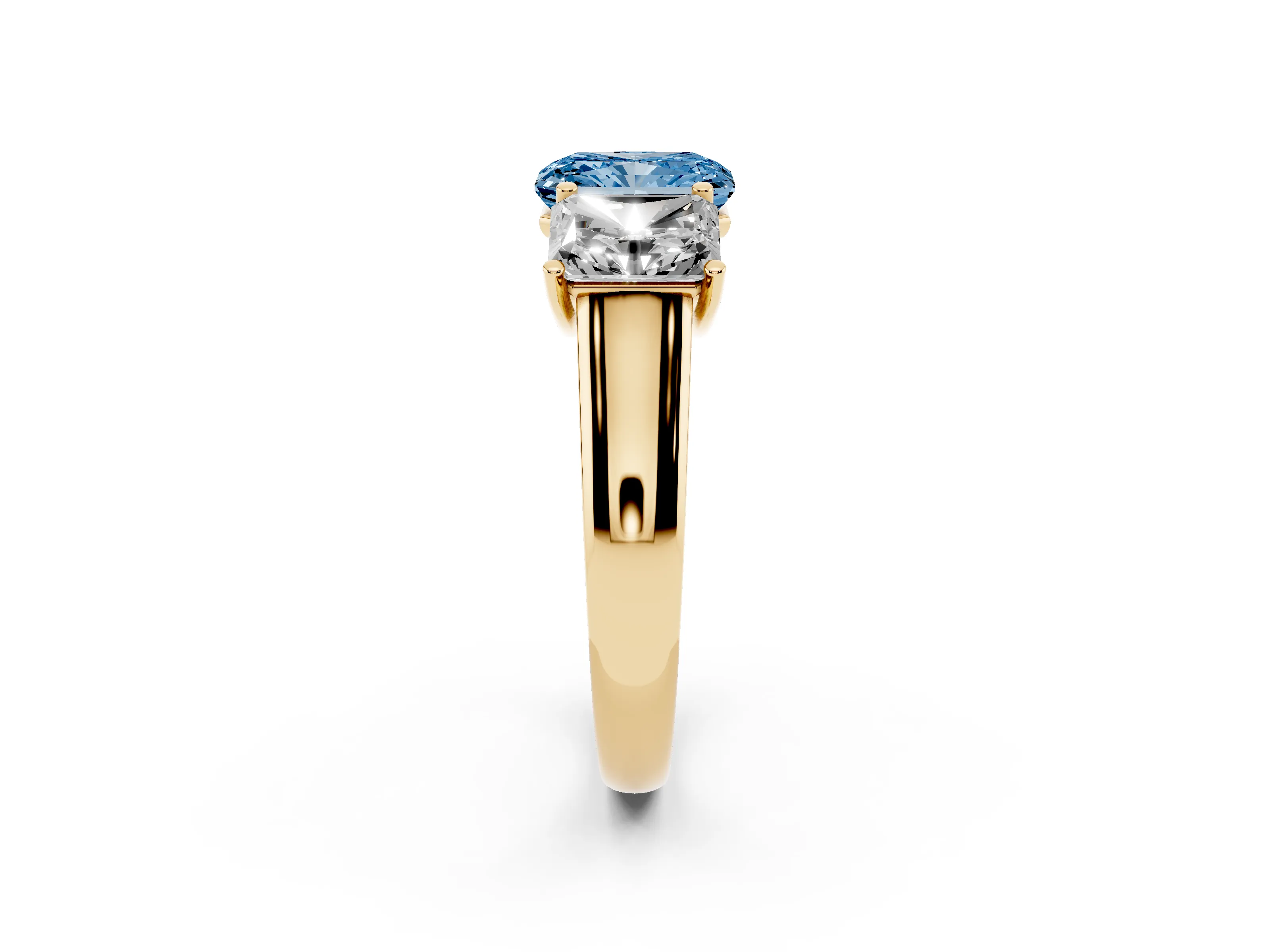Fancy Blue Radiant Cut Diamond Three-Stone Ring Set in Yellow gold with Plain Polished Band