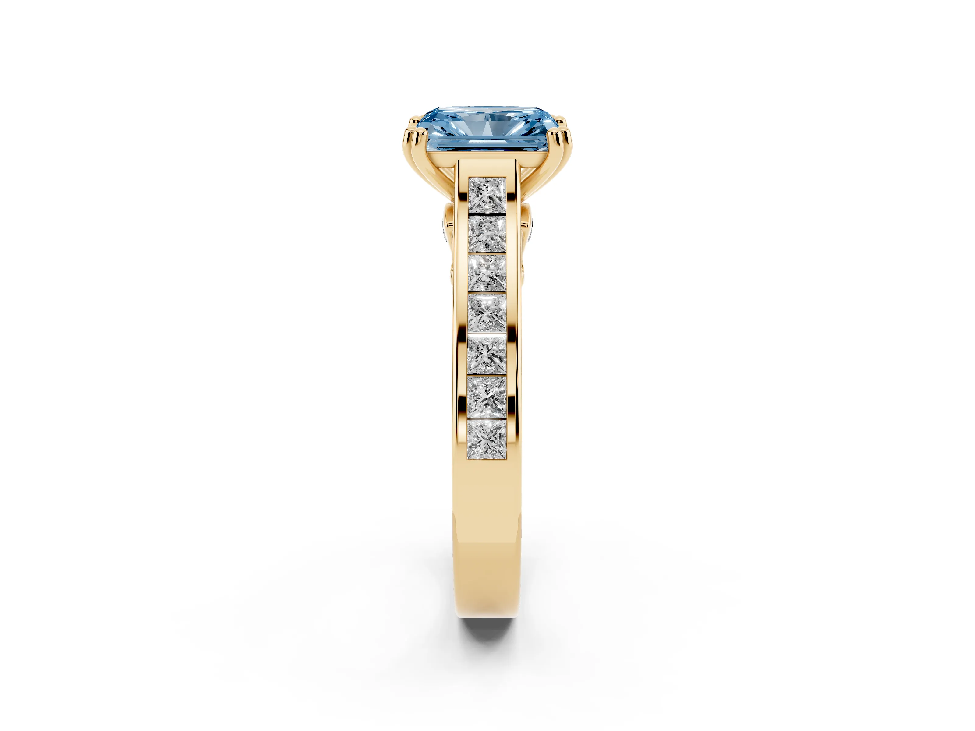 Fancy Blue Radiant Cut Diamond Channel Set Solitaire Engagement Ring Set in Yellow gold with Prong Setting