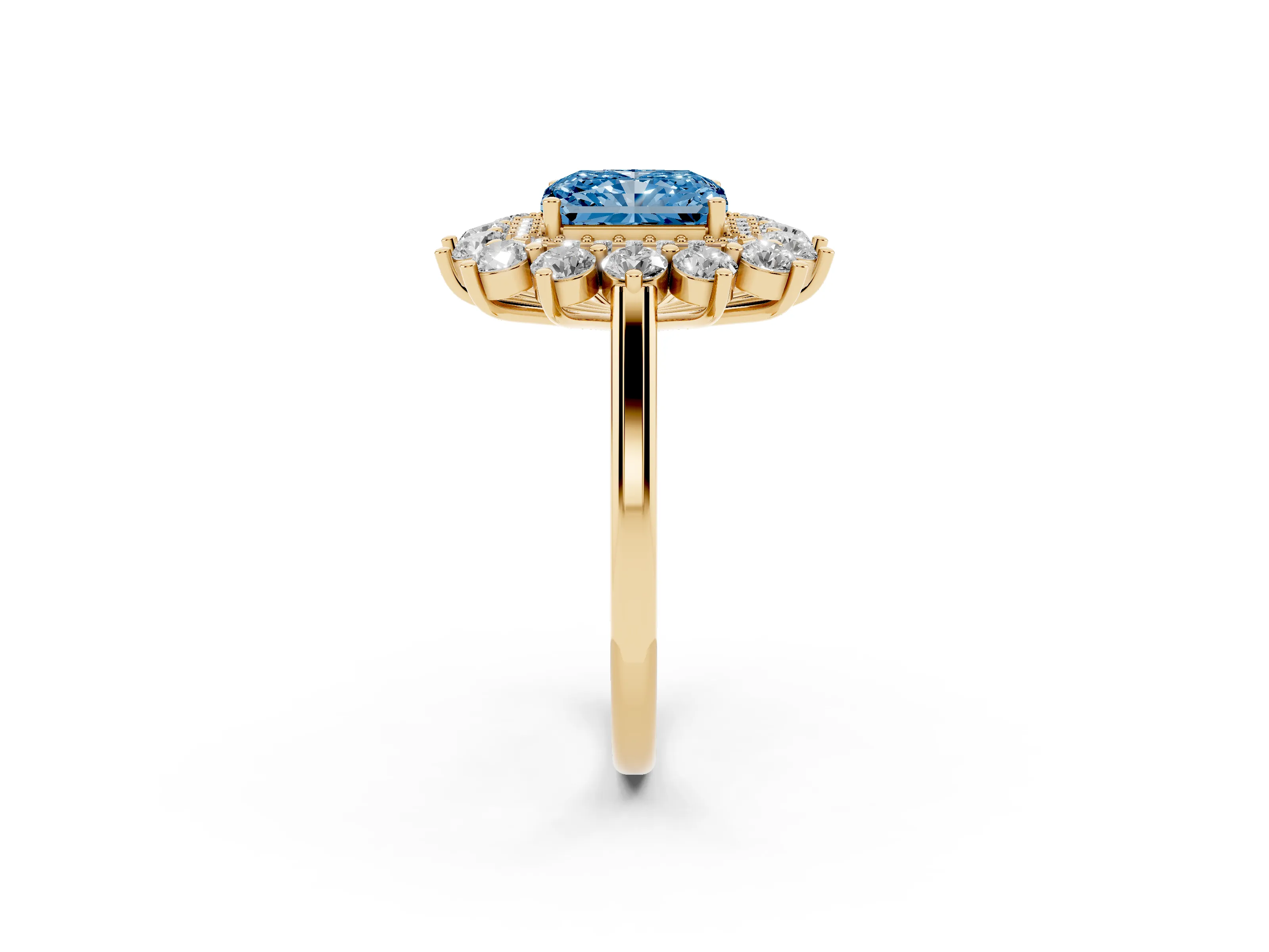 Fancy Blue Radiant Cut Diamond Floral Double Halo Ring Set in Yellow gold with Round Petals