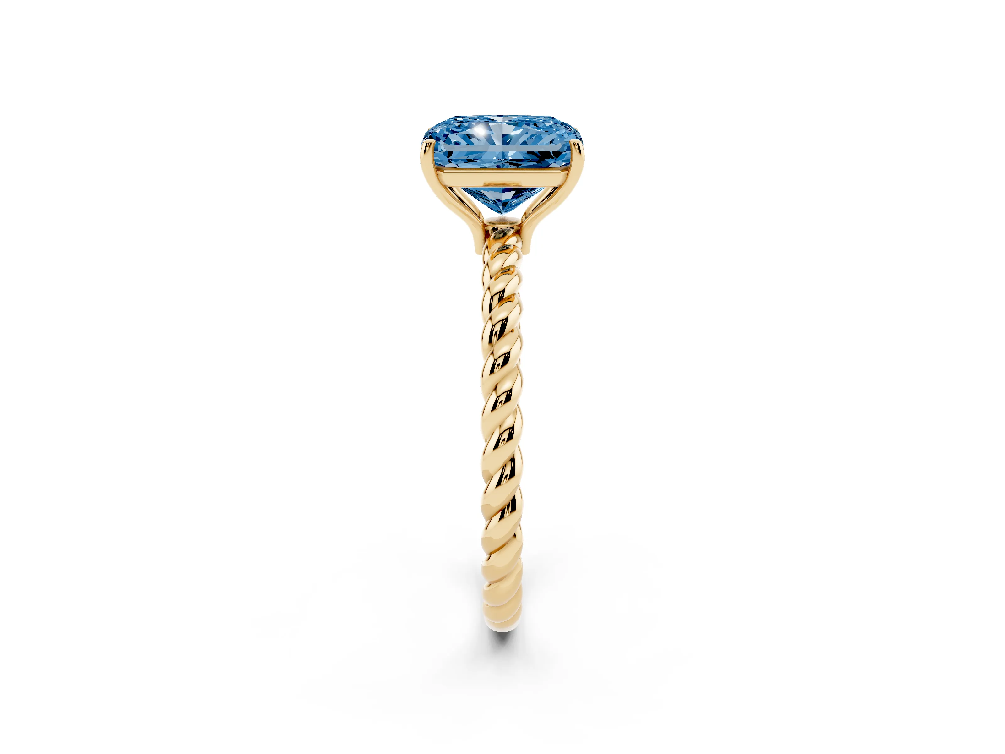 Fancy Blue Radiant Cut Diamond Solitaire Ring Set in Yellow gold with Twist Band and Prong Setting