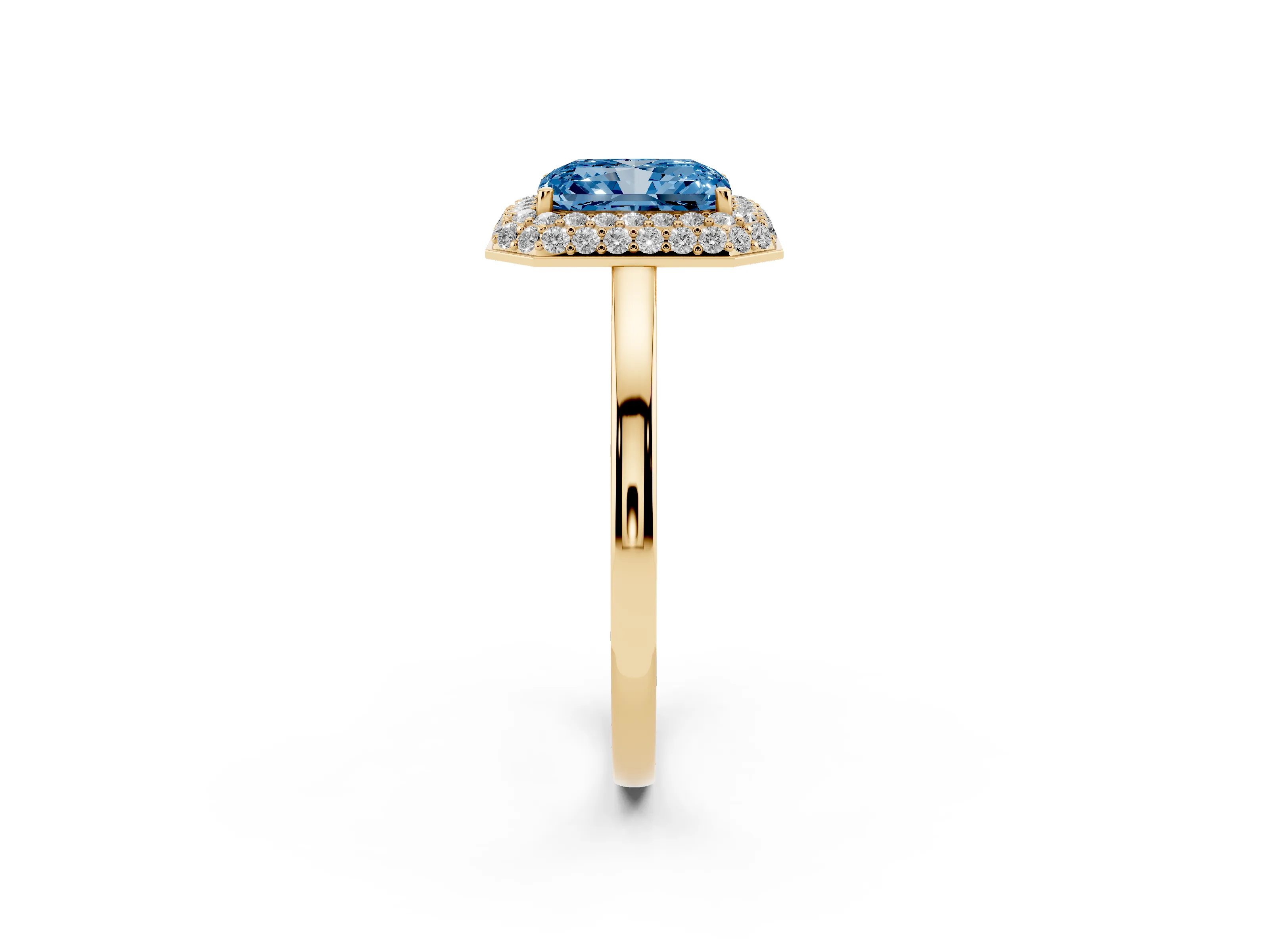 Fancy Blue Radiant Cut Diamond Halo Engagement Ring Set in Yellow gold with Solitaire Band and Prong Setting