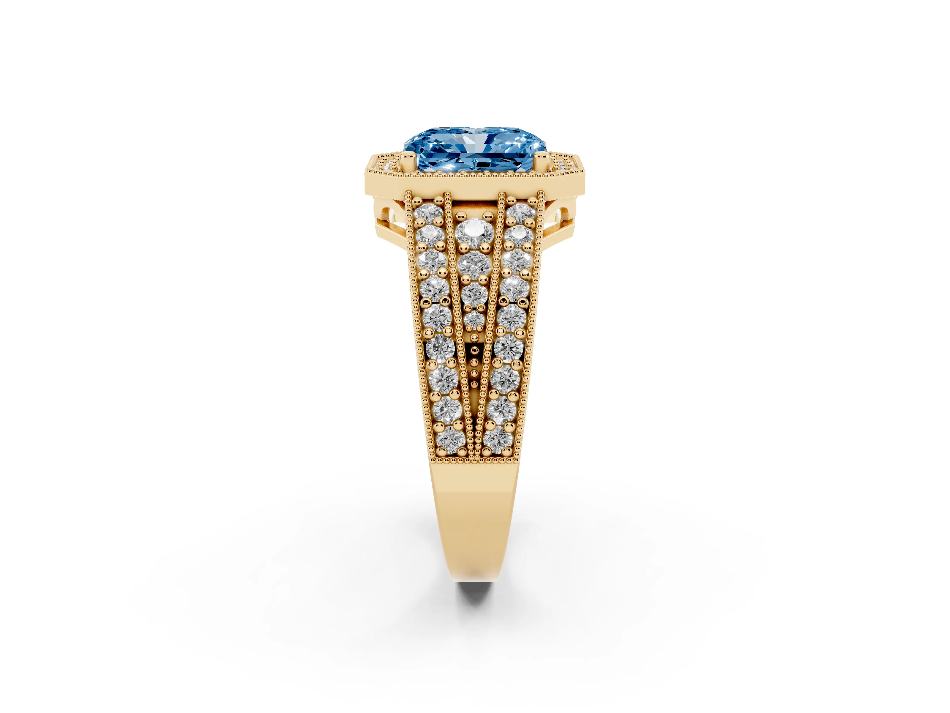 Fancy Blue Radiant Cut Diamond Halo Ring Set in Yellow gold with Accent Split Shank and Prong Setting