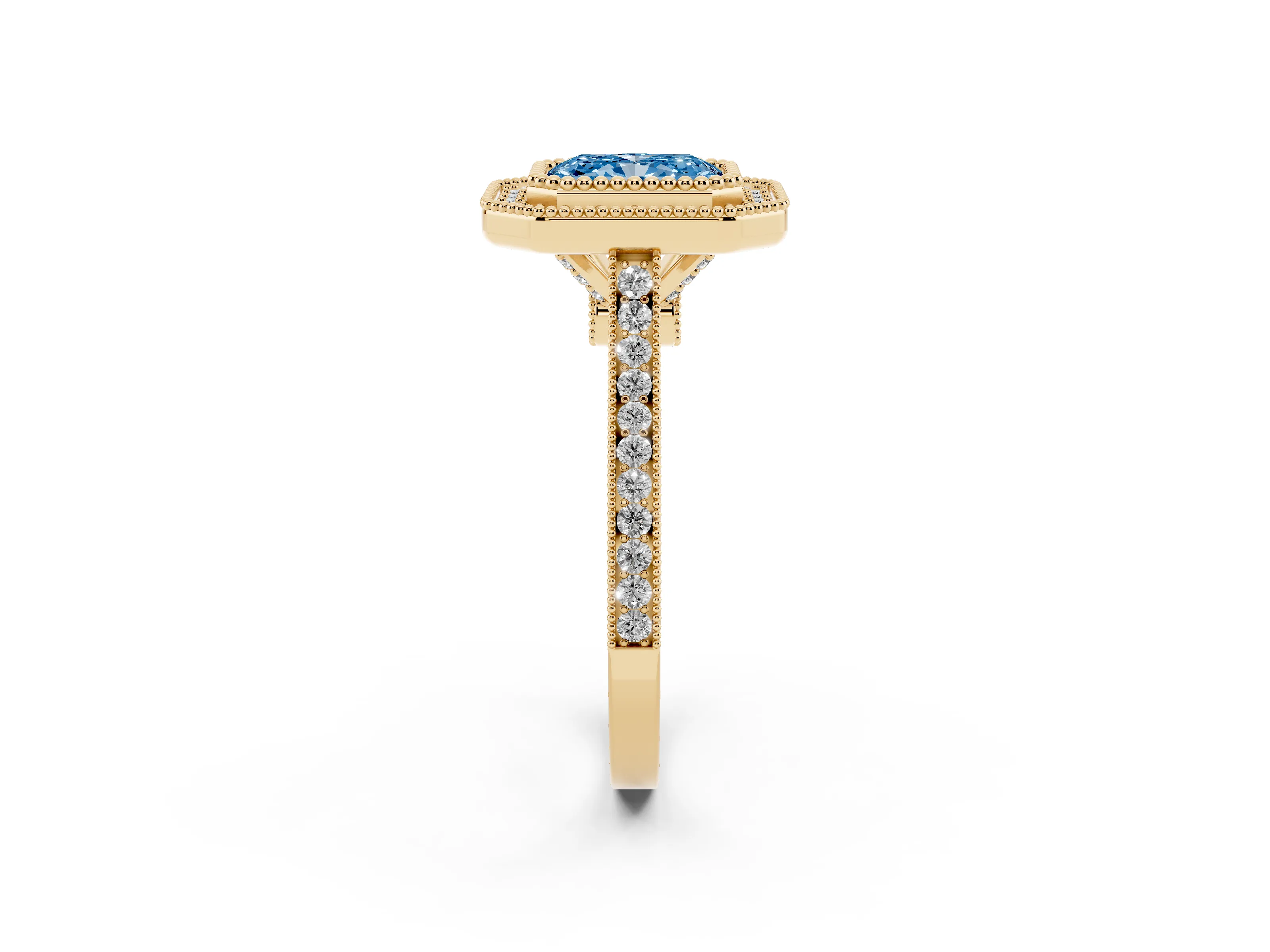 Fancy Blue Radiant Cut Diamond Halo Ring Set in Yellow gold with Milgrain Frame and Pavé Band