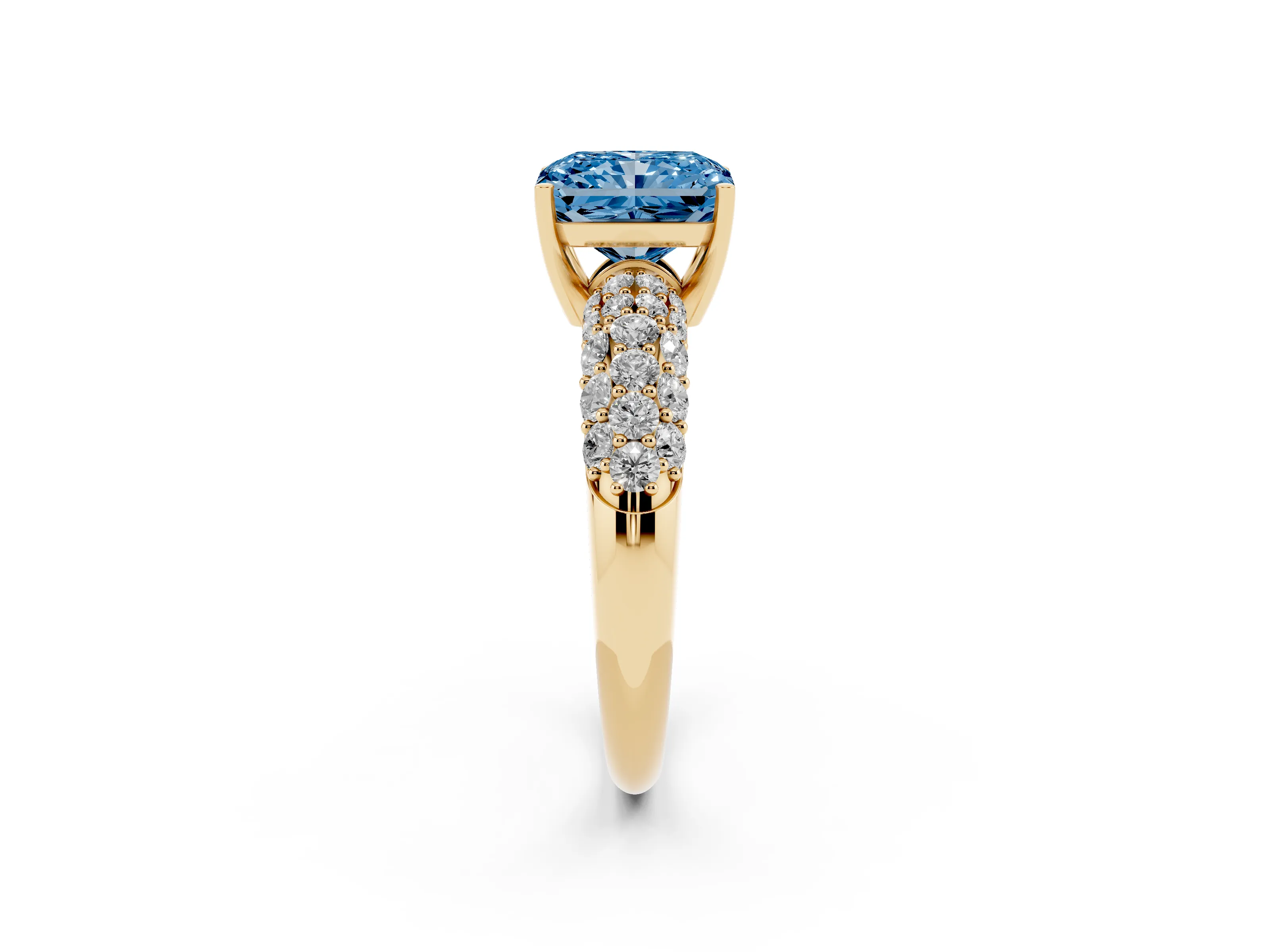Fancy Blue Radiant Cut Diamond Pavé Band Solitaire Ring Set in Yellow gold with Close-Set Accent Stones and Prong Setting