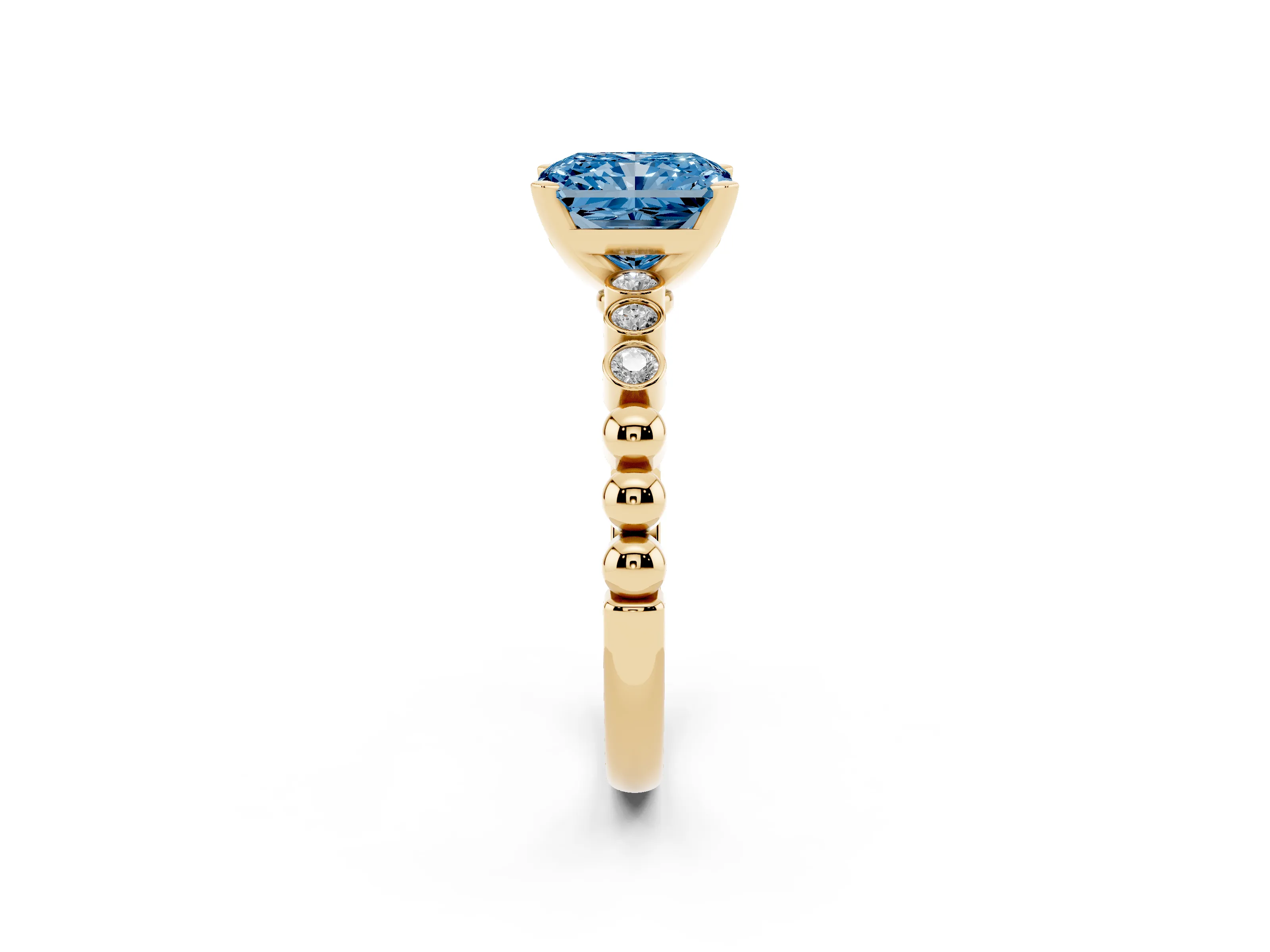 Fancy Blue Radiant Cut Diamond Solitaire Engagement Ring Set in Yellow gold with Bezel Accents on Beaded Band