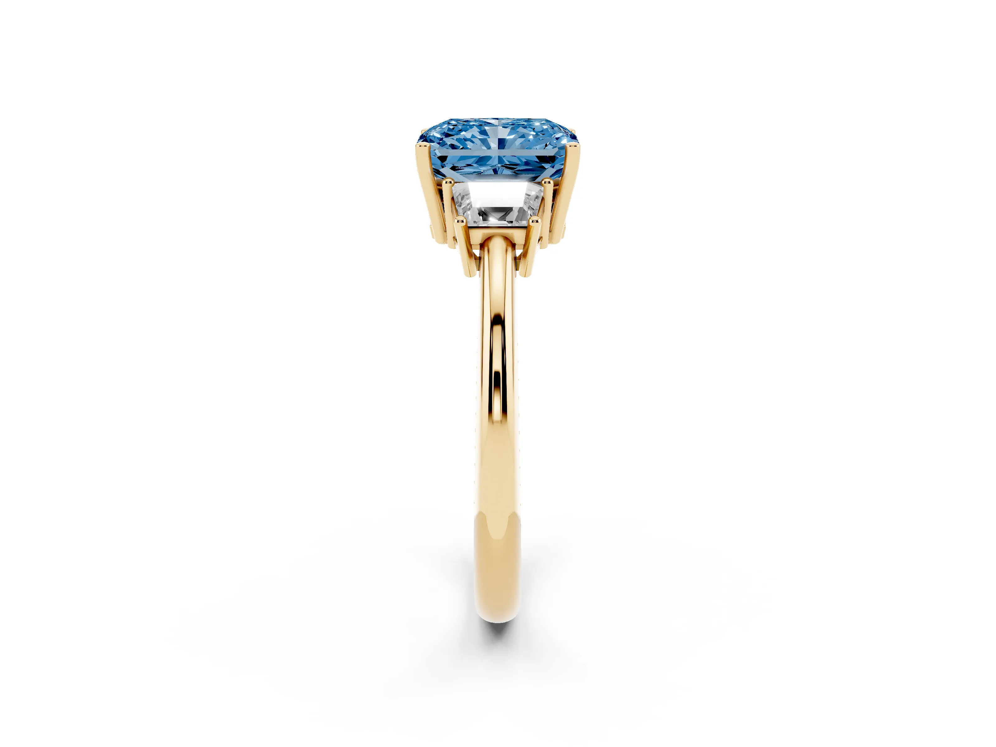 Fancy Blue Radiant Cut Diamond Three-Stone Ring Set in Yellow gold with Trapezoid Side Stones and Prong Setting
