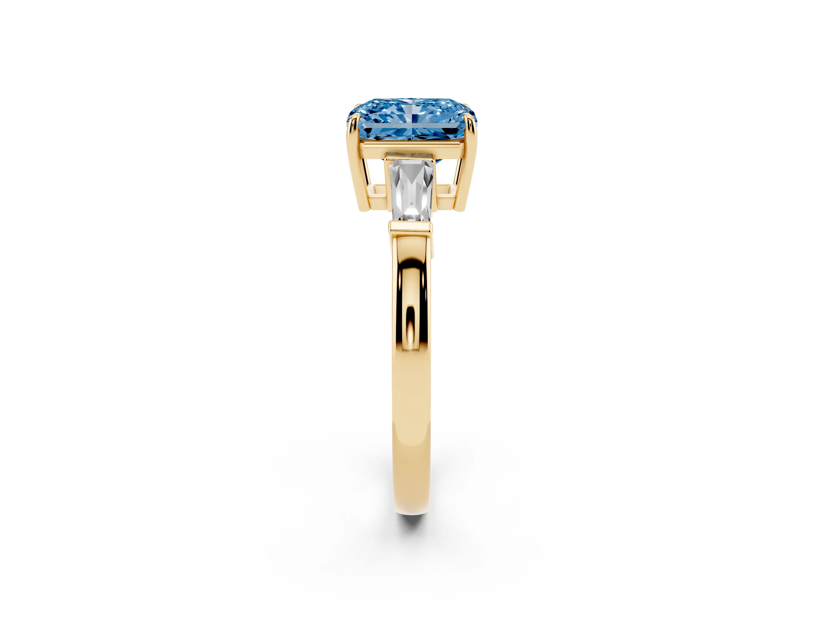 Fancy Blue Radiant Cut Diamond Three-Stone Ring Set in Yellow gold with Tapered Baguette Side Stones and Prong Setting