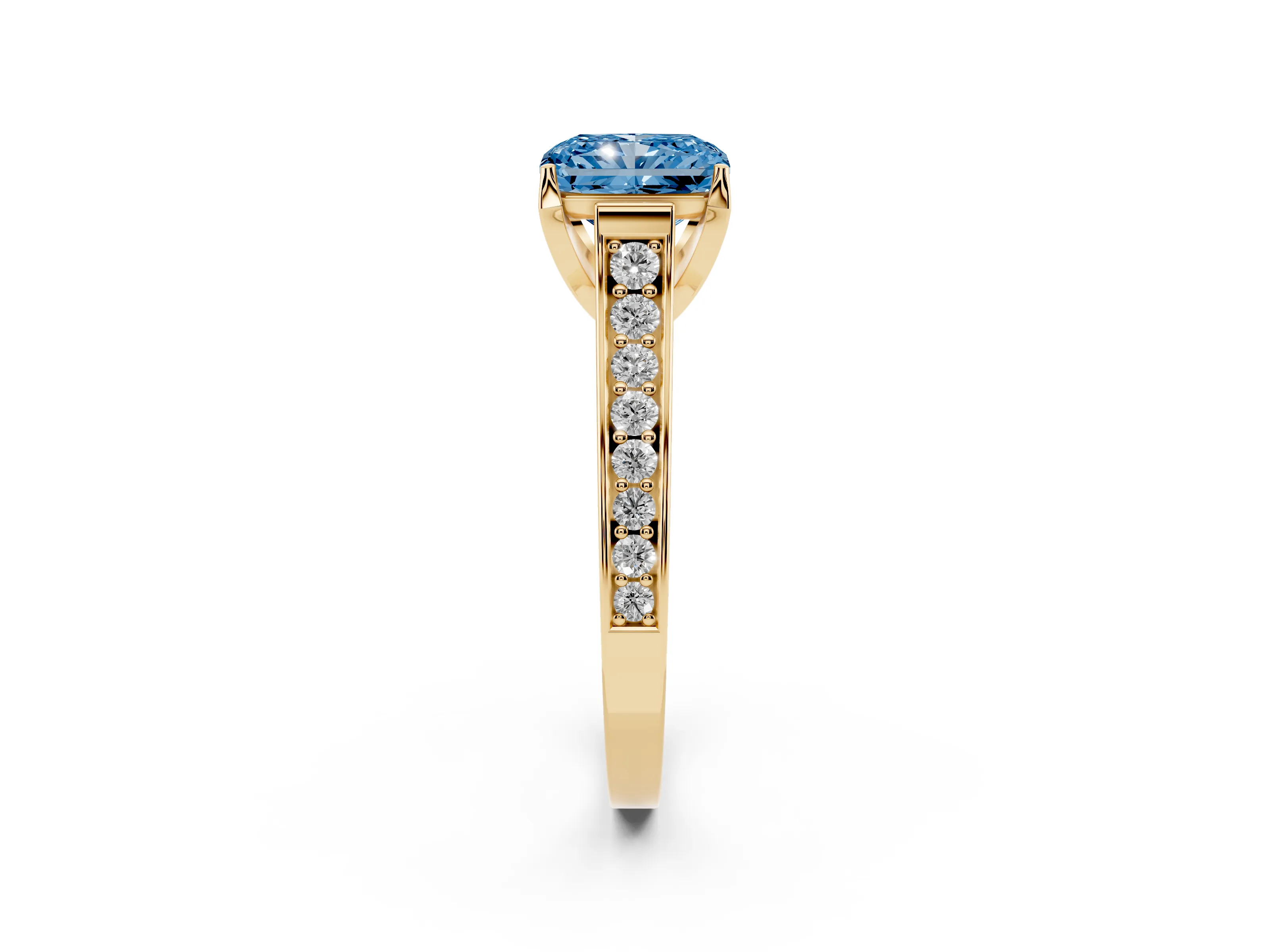Fancy Blue Radiant Cut Diamond Solitaire Pavé Engagement Ring Set in Yellow gold with Prong Setting
