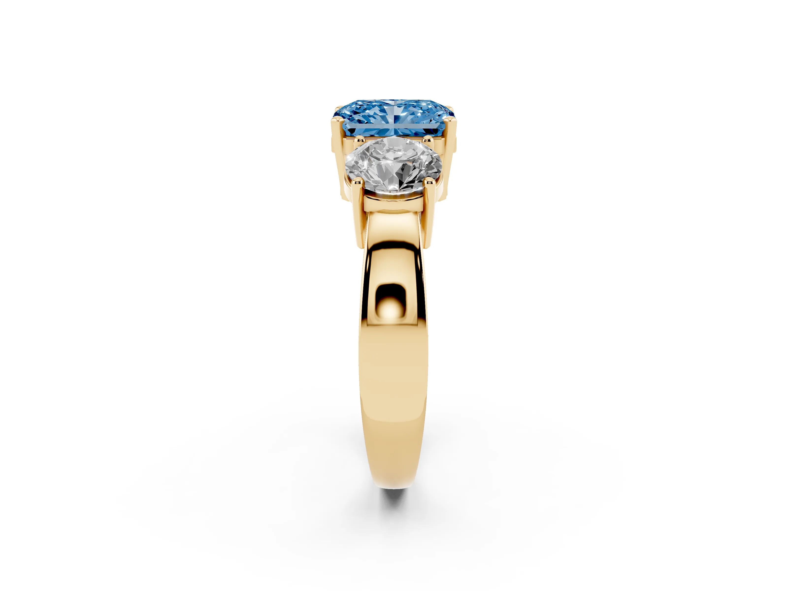 Fancy Blue Radiant Cut Diamond Three-Stone Ring Set in Yellow gold with Round Side Stones and Classic Band