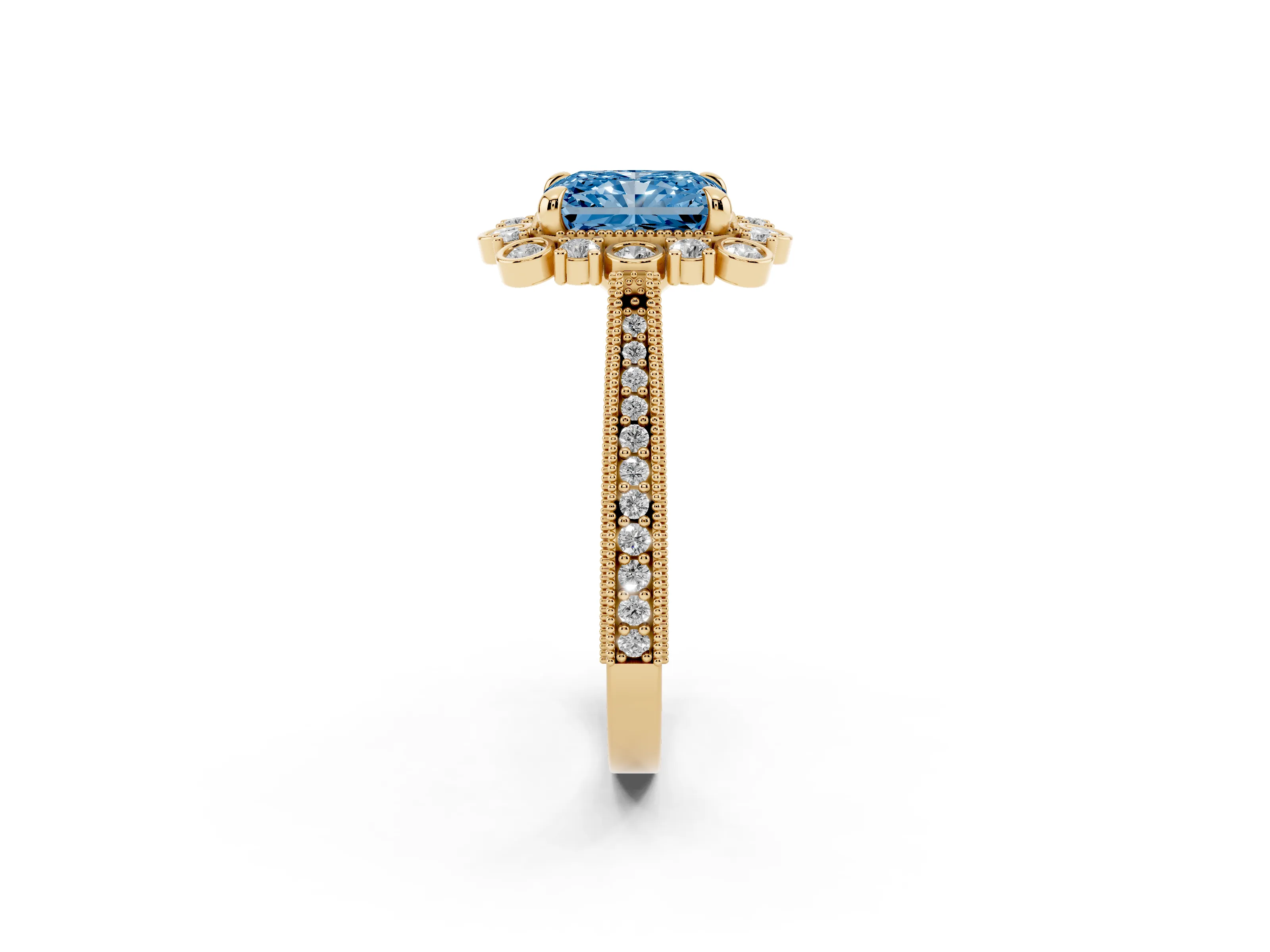 Fancy Blue Radiant Cut Diamond Halo Milgrain Pavé Ring Set in Yellow gold with Prong Setting