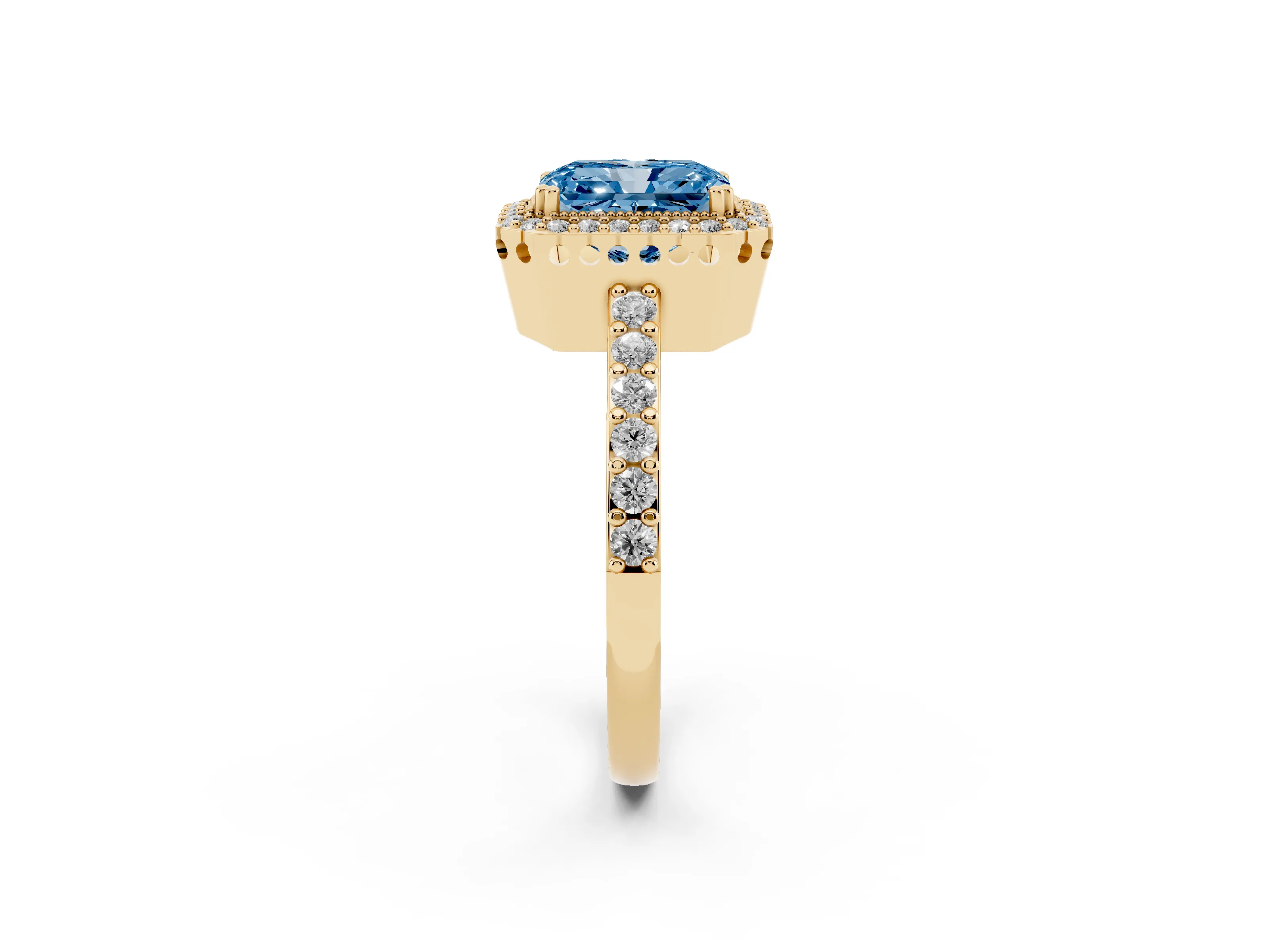 Fancy Blue Radiant Cut Diamond Halo Engagement Ring Set in Yellow gold with Milgrain Detail and Pavé Band