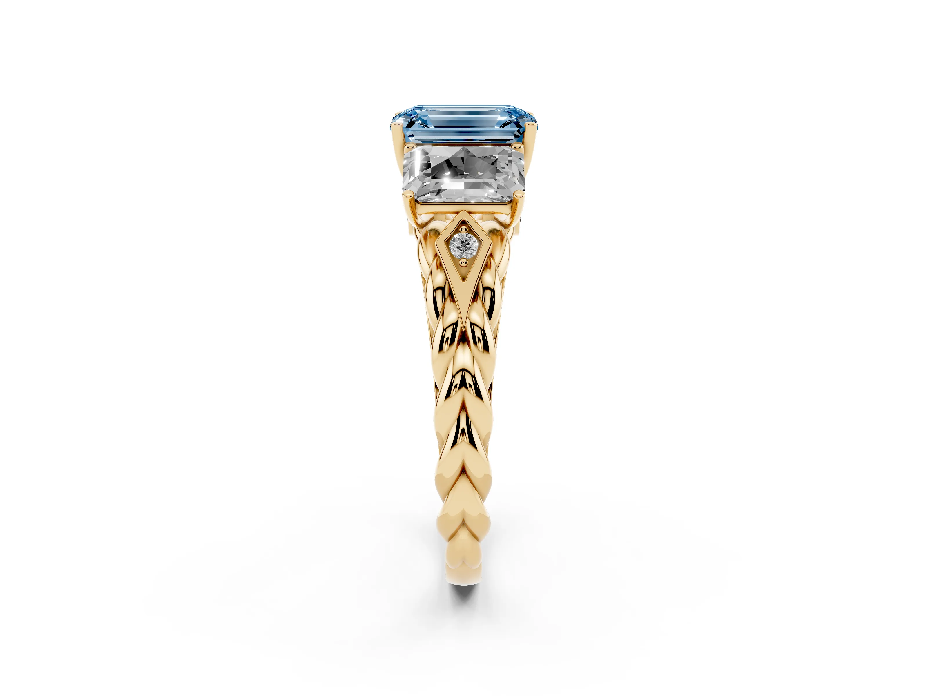 Fancy Blue Radiant Cut Diamond Three-Stone Ring Set in Yellow gold with Braided Band