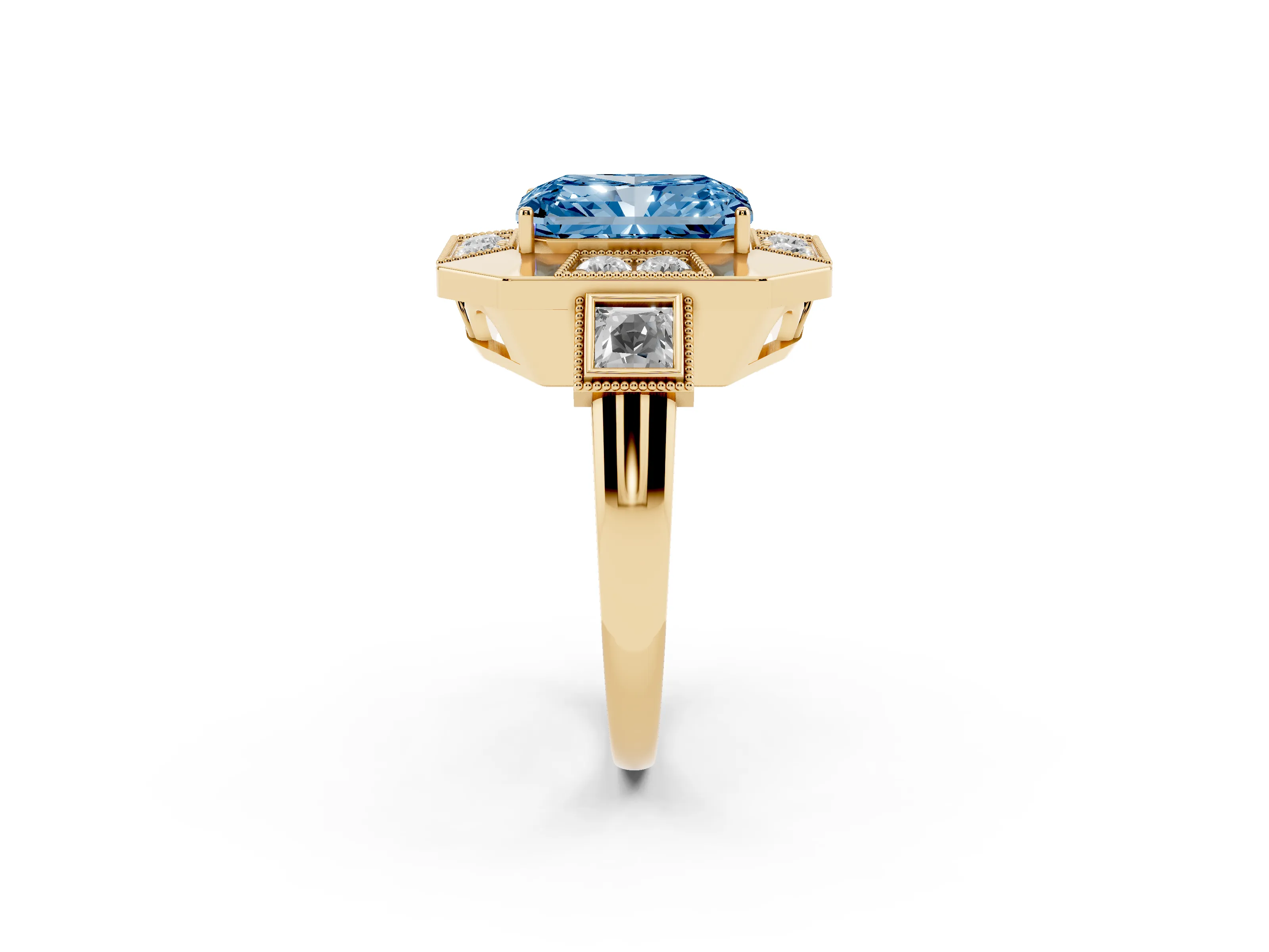 Fancy Blue Radiant Cut Diamond Milgrain Halo Ring Set in Yellow gold with Split Shank