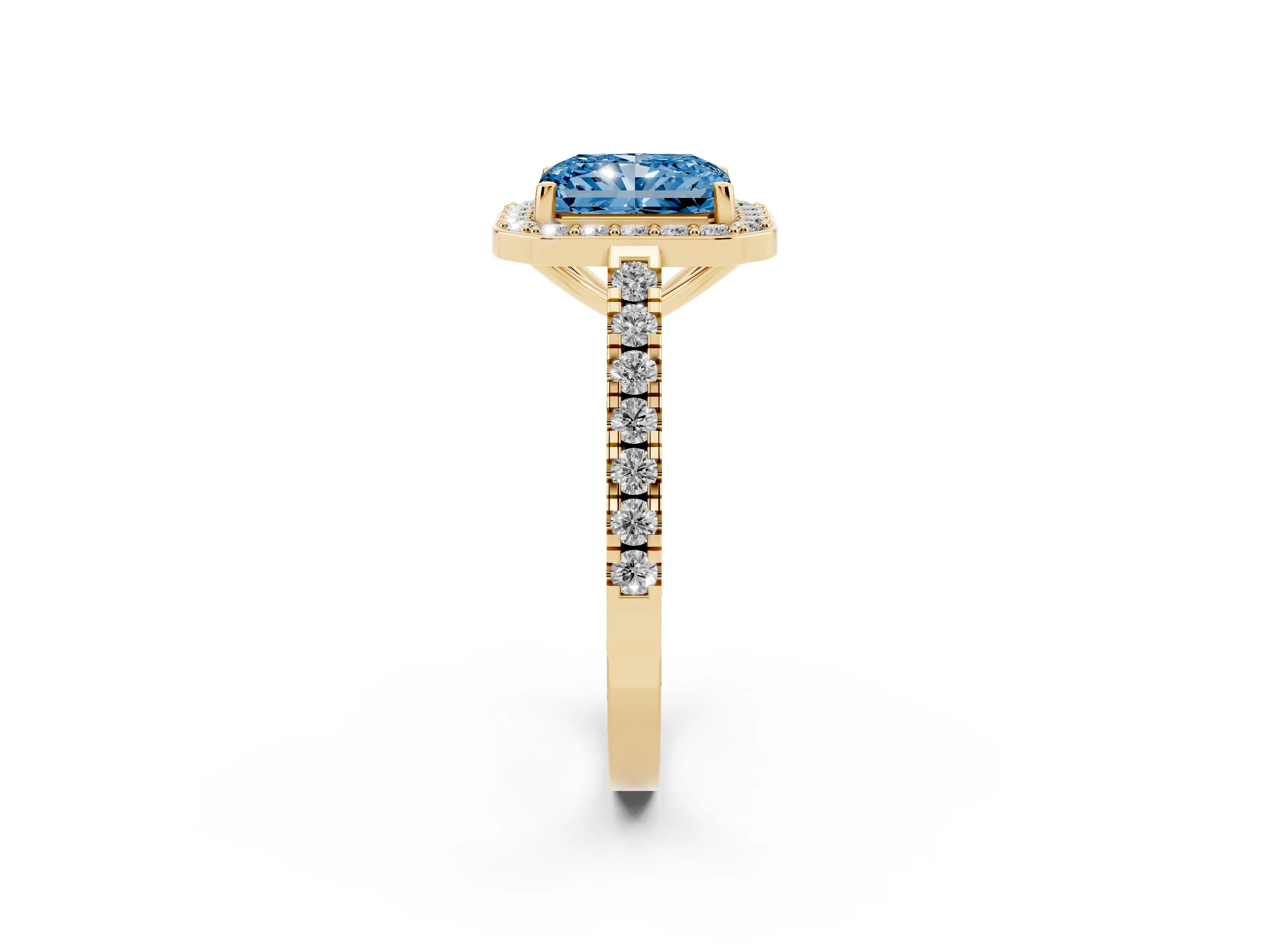 Fancy Blue Radiant Cut Diamond Halo Ring Set in Yellow gold with Round Pavé Split Shank and Prong Setting