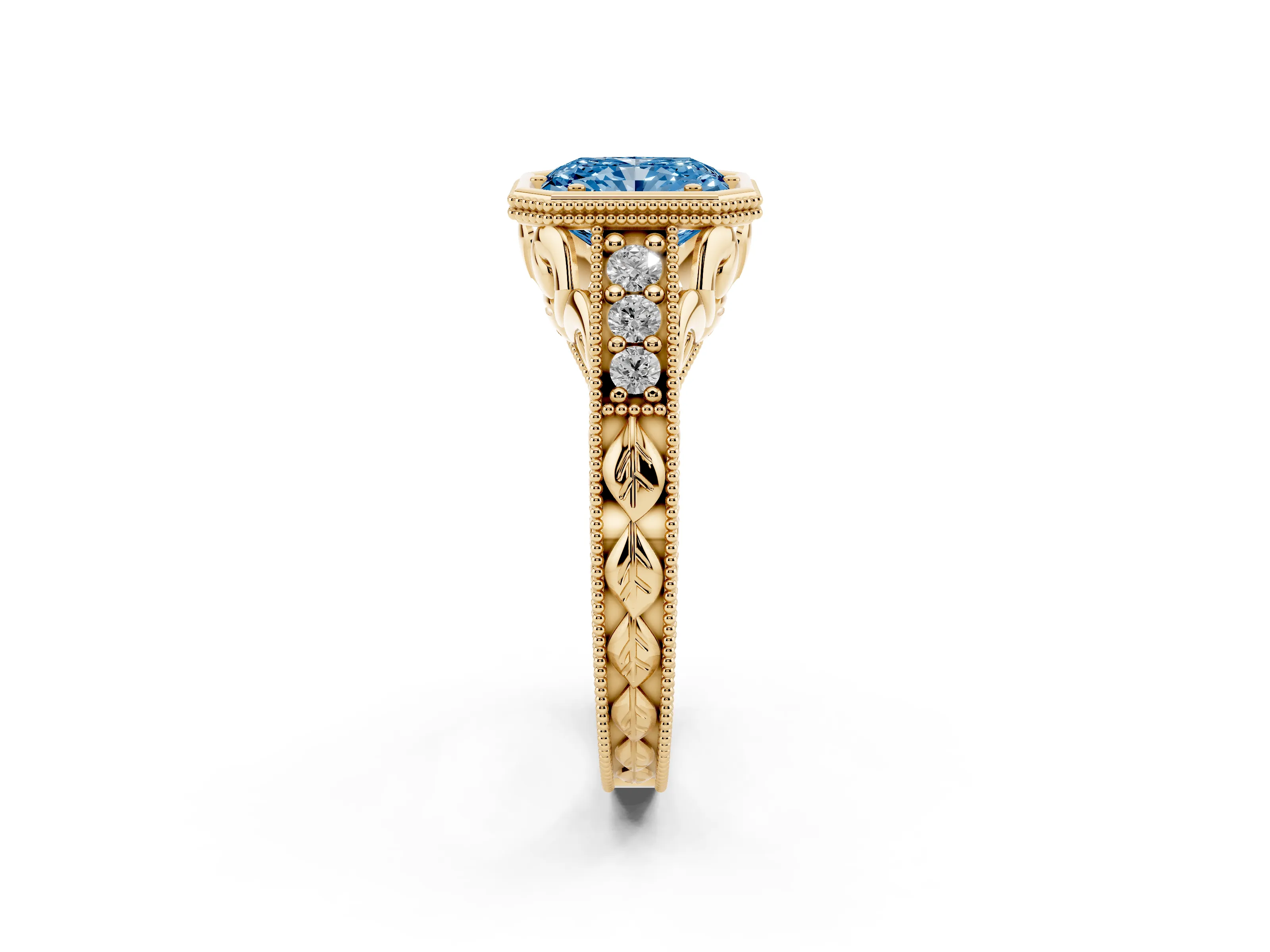Fancy Blue Bezel Set Radiant Cut Diamond Milgrain Pavé Engagement Ring Set in Yellow gold