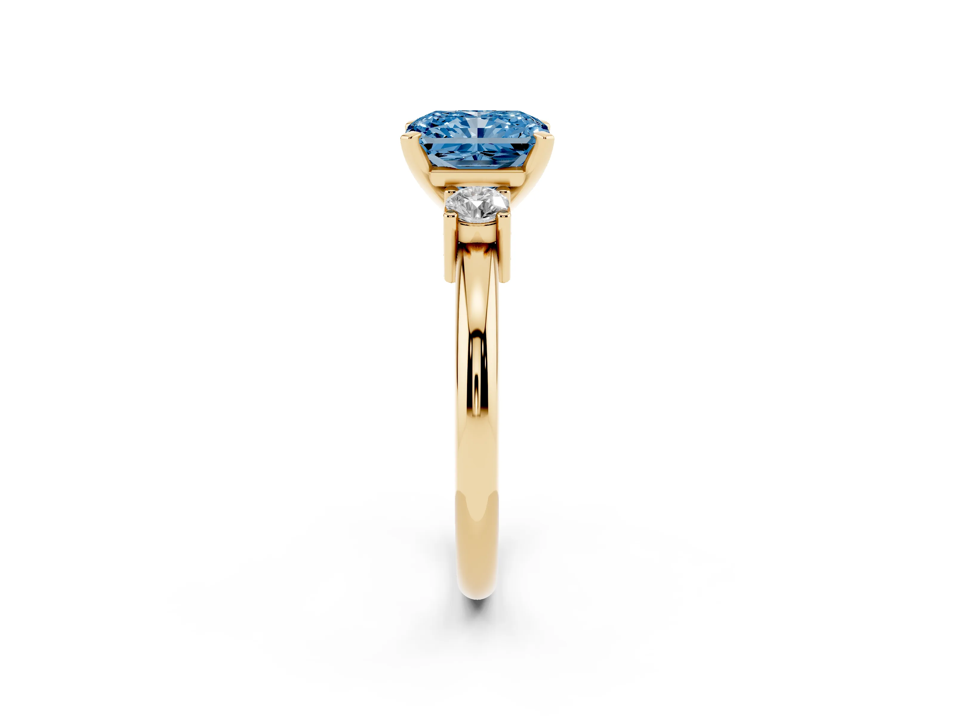 Fancy Blue Three-Stone Radiant Cut Diamond Ring Set in Yellow gold with Prong Setting and Plain Band