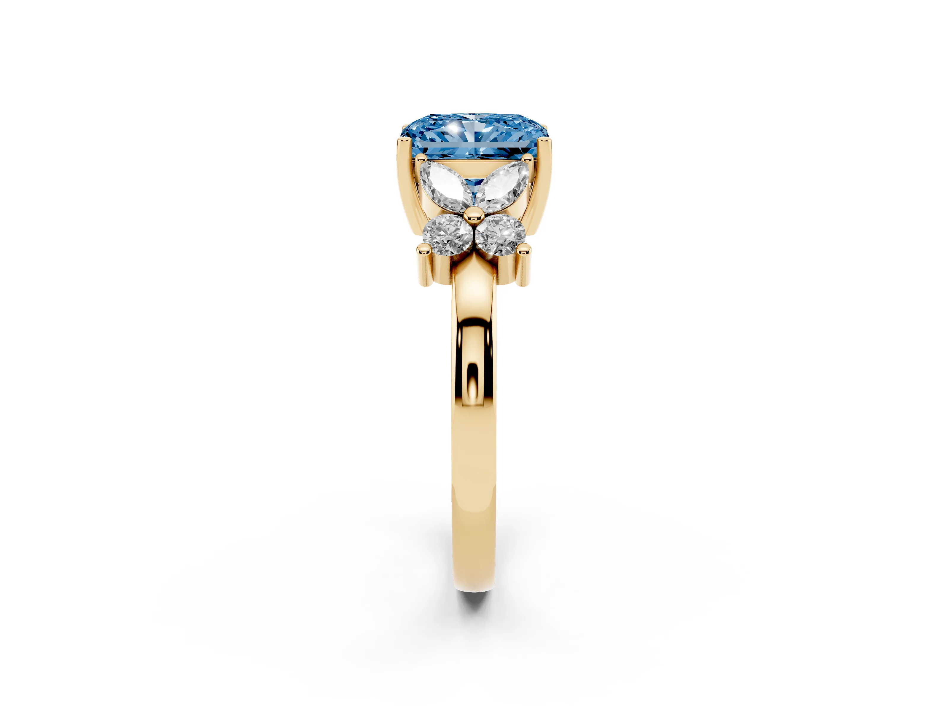 Fancy Blue Radiant Cut Diamond Floral Cluster Ring Set in Yellow gold with Marquise Petals and Prong Setting