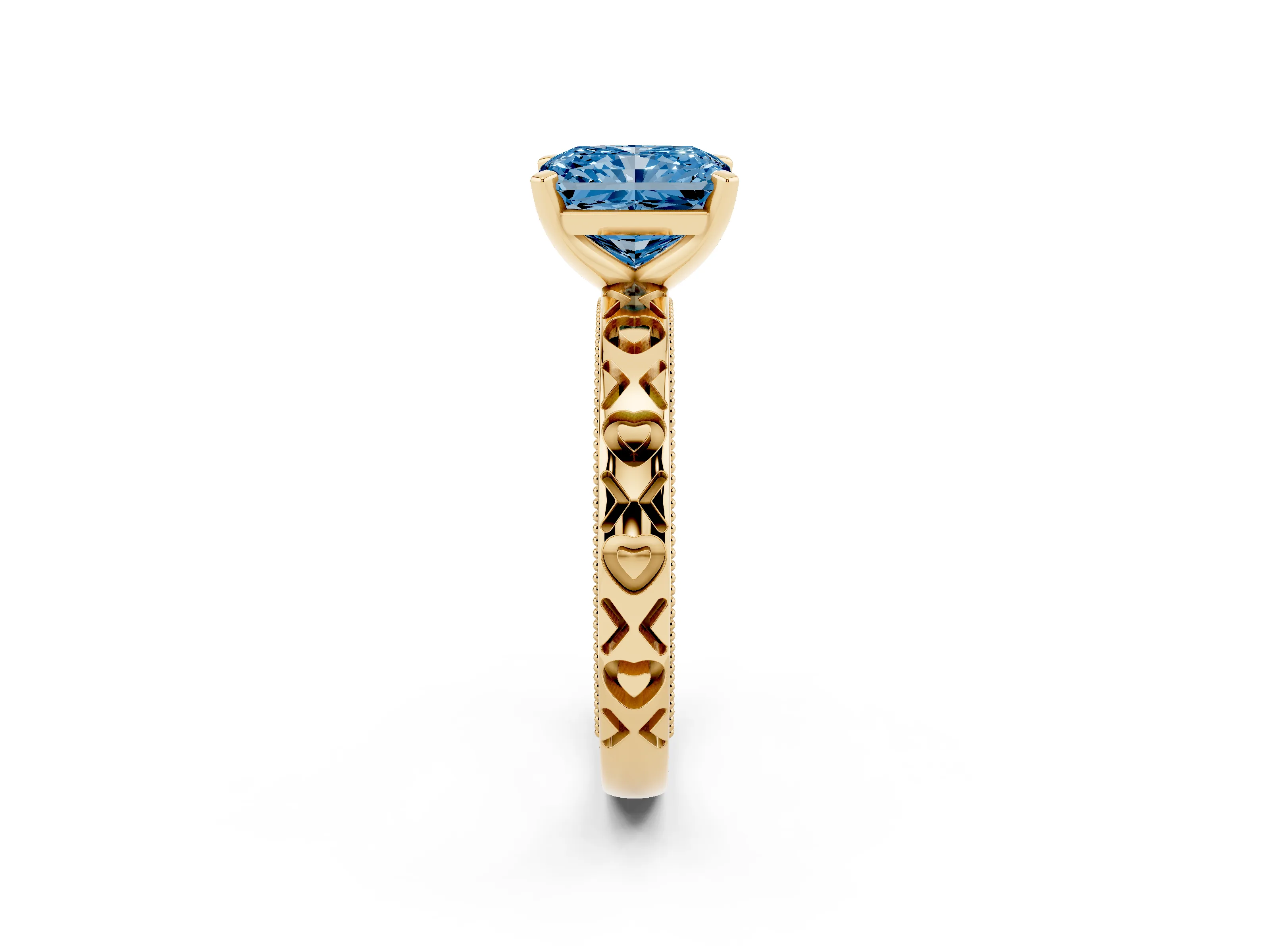 Fancy Blue Radiant Cut Diamond Solitaire Engagement Ring Set in Yellow gold with XO Engraved Band and Prong Setting