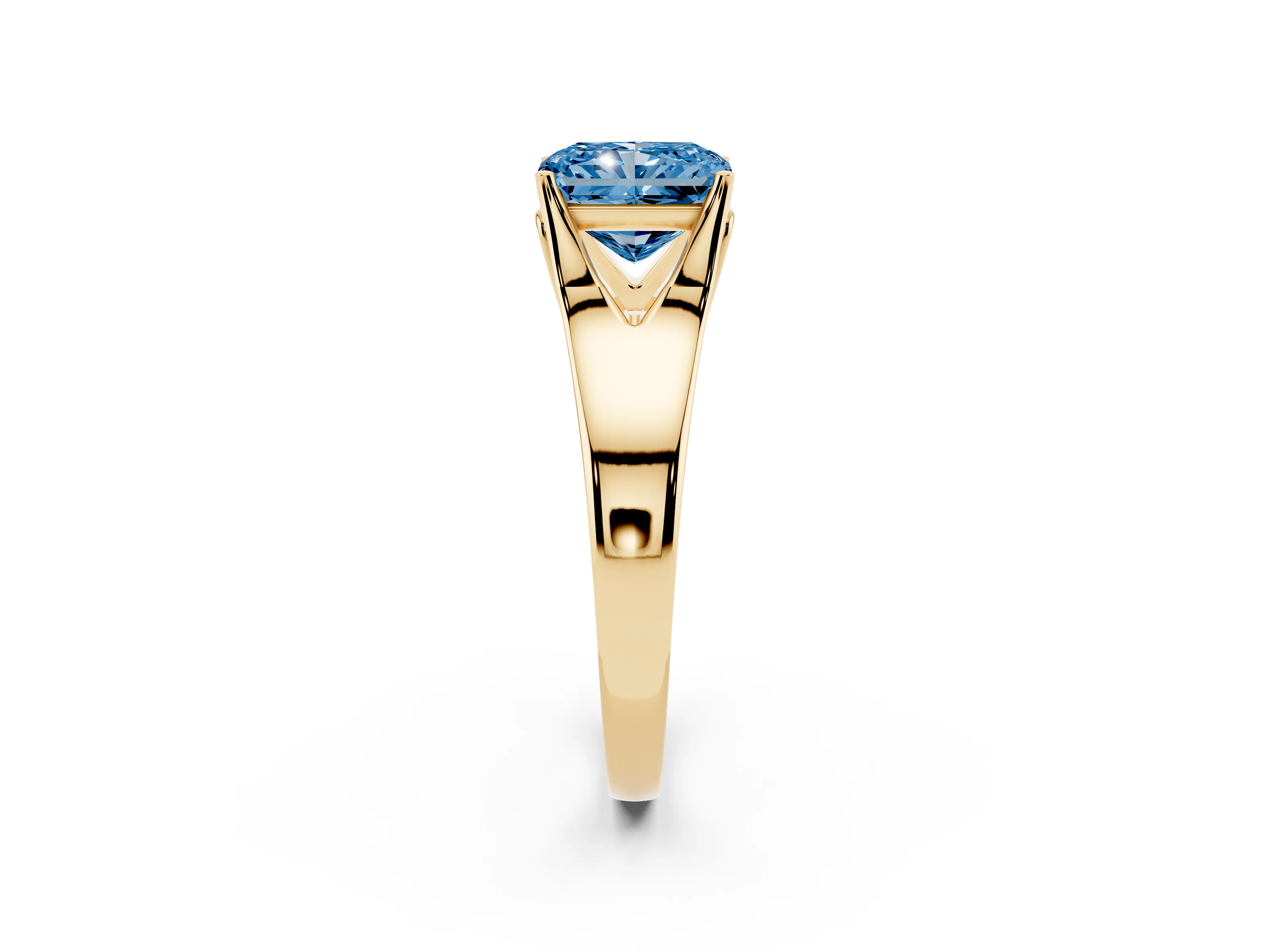Fancy Blue Radiant Cut Diamond Solitaire Ring Set in Yellow gold with Arched Cathedral Band and Prong Setting