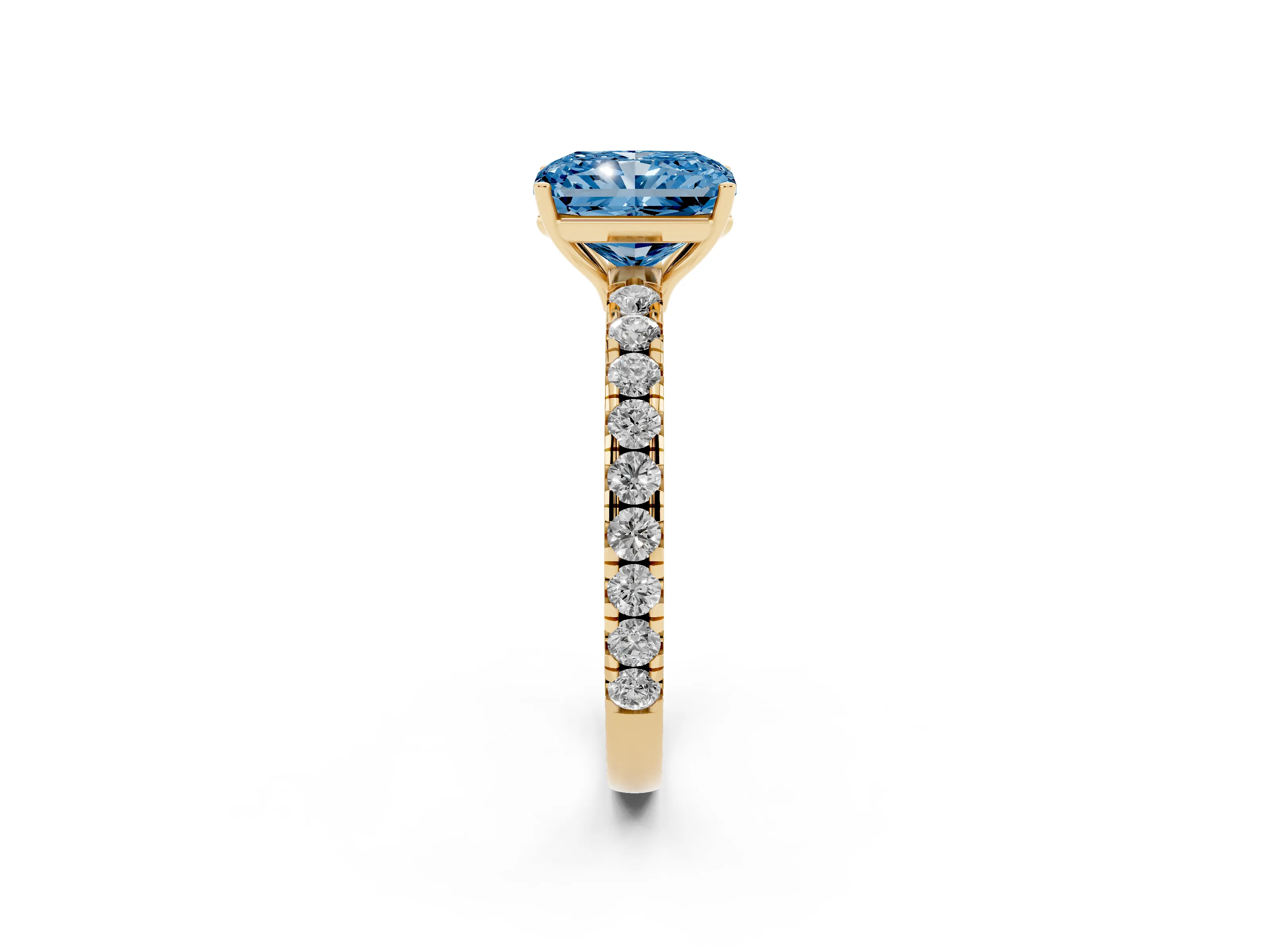 Fancy Blue Radiant Cut Diamond Pavé Solitaire Engagement Ring Set in Yellow gold with Prong Setting