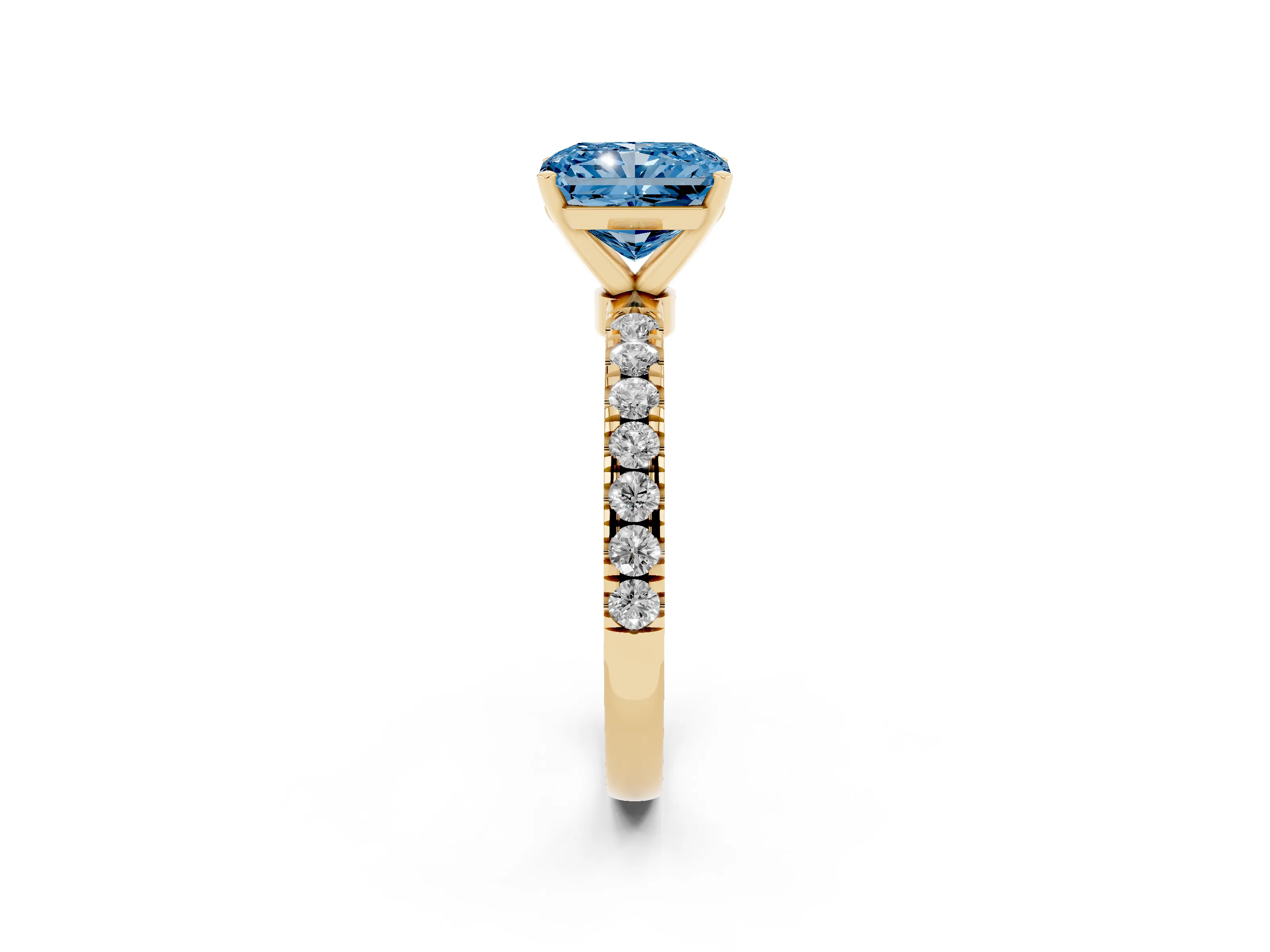 Fancy Blue Radiant Cut Diamond Solitaire Ring Set in Yellow gold with Pavé Accents and Prong Setting