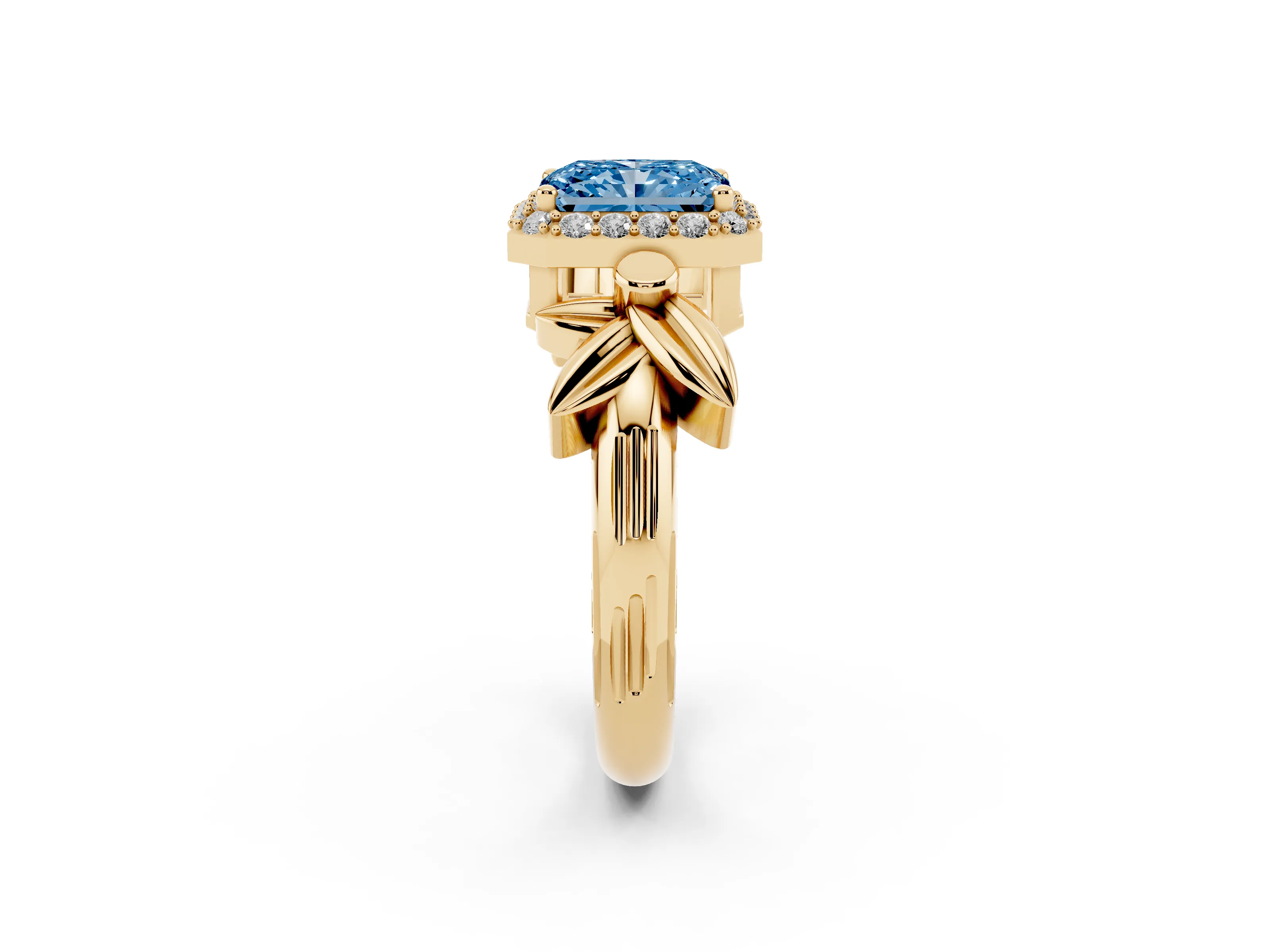 Fancy Blue Radiant Cut Diamond Halo Floral Band Ring Set in Yellow gold with Prong Setting