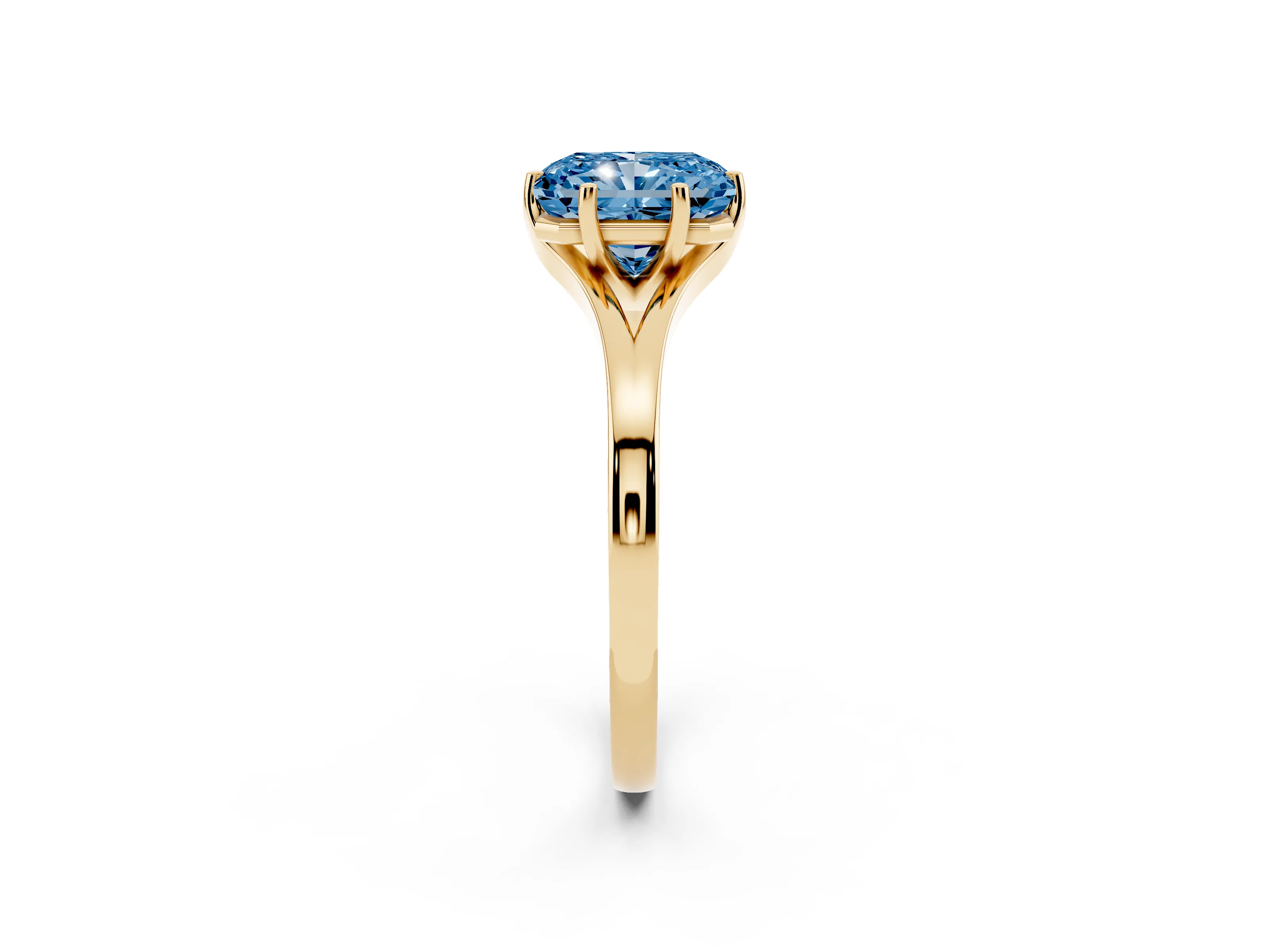 Fancy Blue Radiant Cut Diamond Solitaire Ring Set in Yellow gold with Polished Tapered Band and Prong Setting