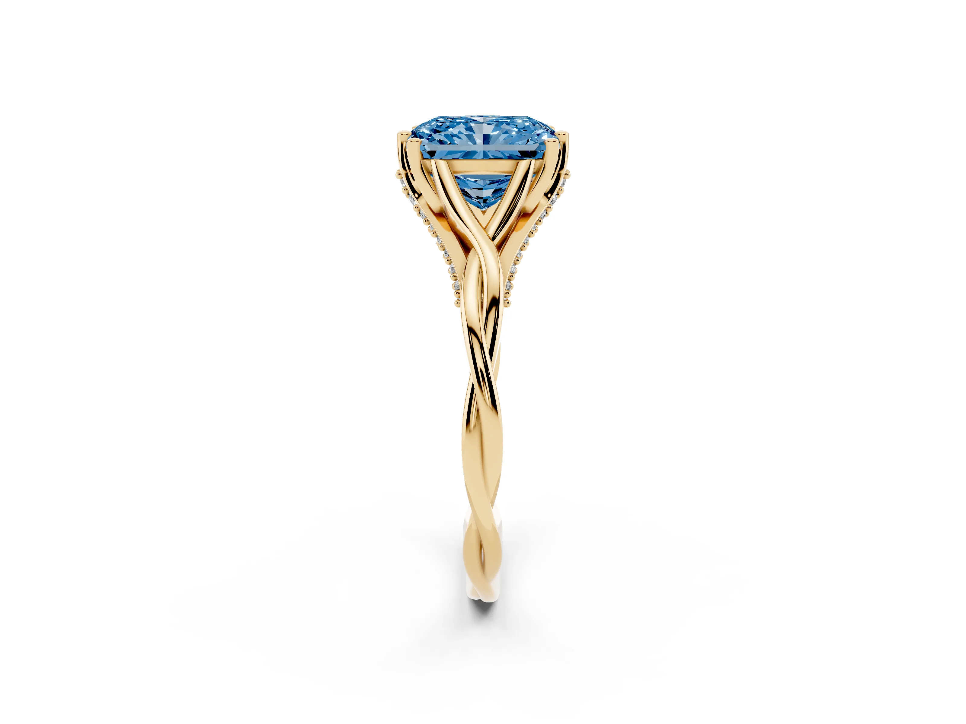 Fancy Blue Radiant Cut Diamond Intertwined Twist Band Solitaire Ring Set in Yellow gold with Prong Setting
