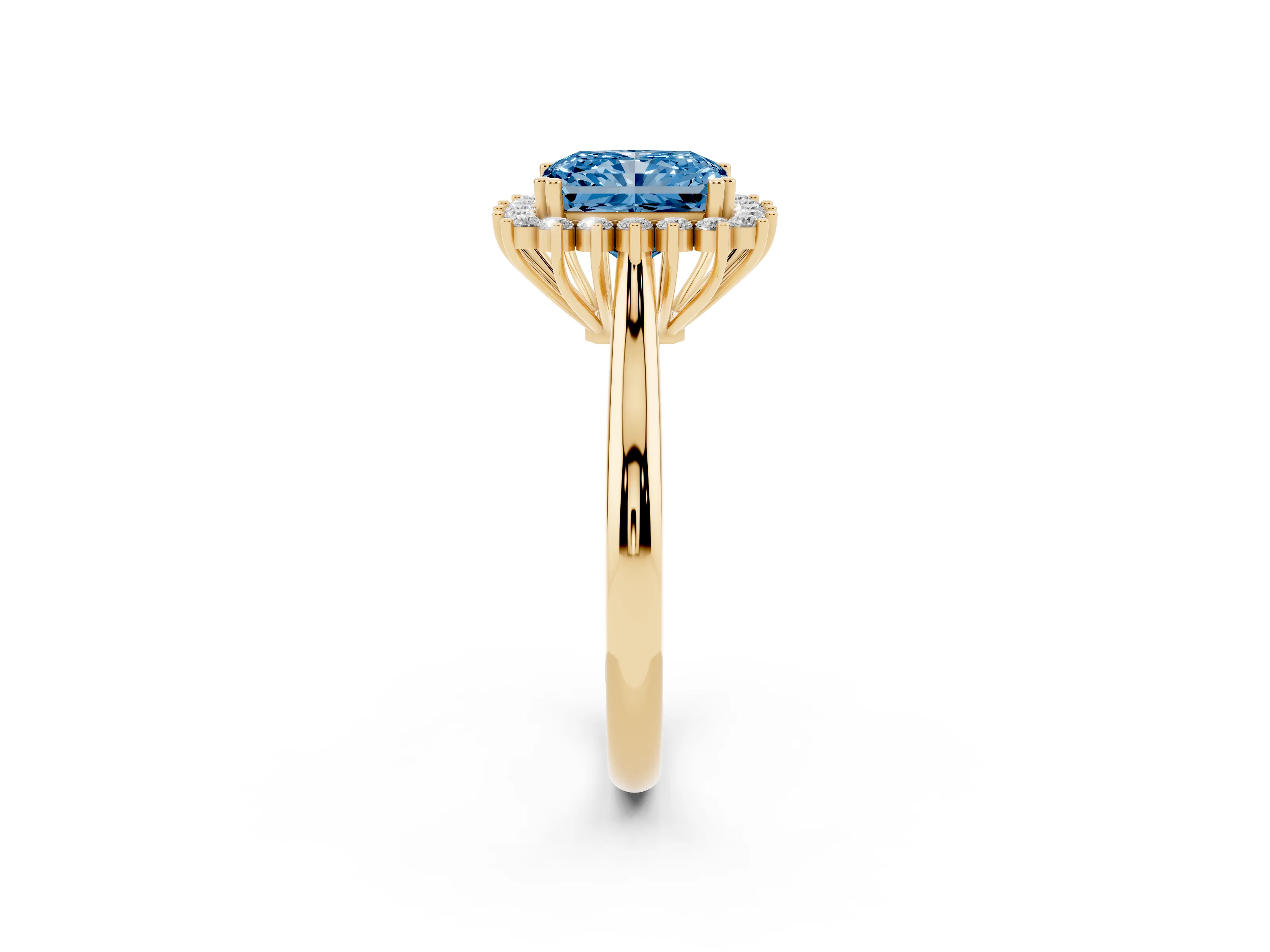 Fancy Blue Radiant Cut Diamond Halo Ring Set in Yellow gold with Plain Solitaire Band and Prong Setting