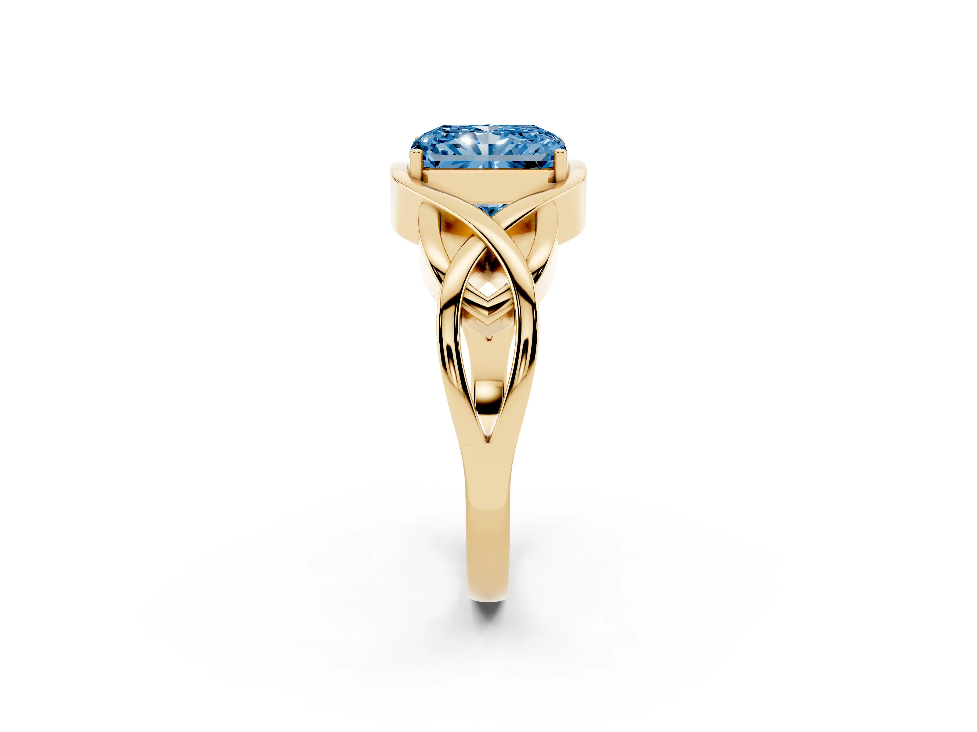 Fancy Blue Radiant Cut Diamond Solitaire Ring Set in Yellow gold with Intertwined Band