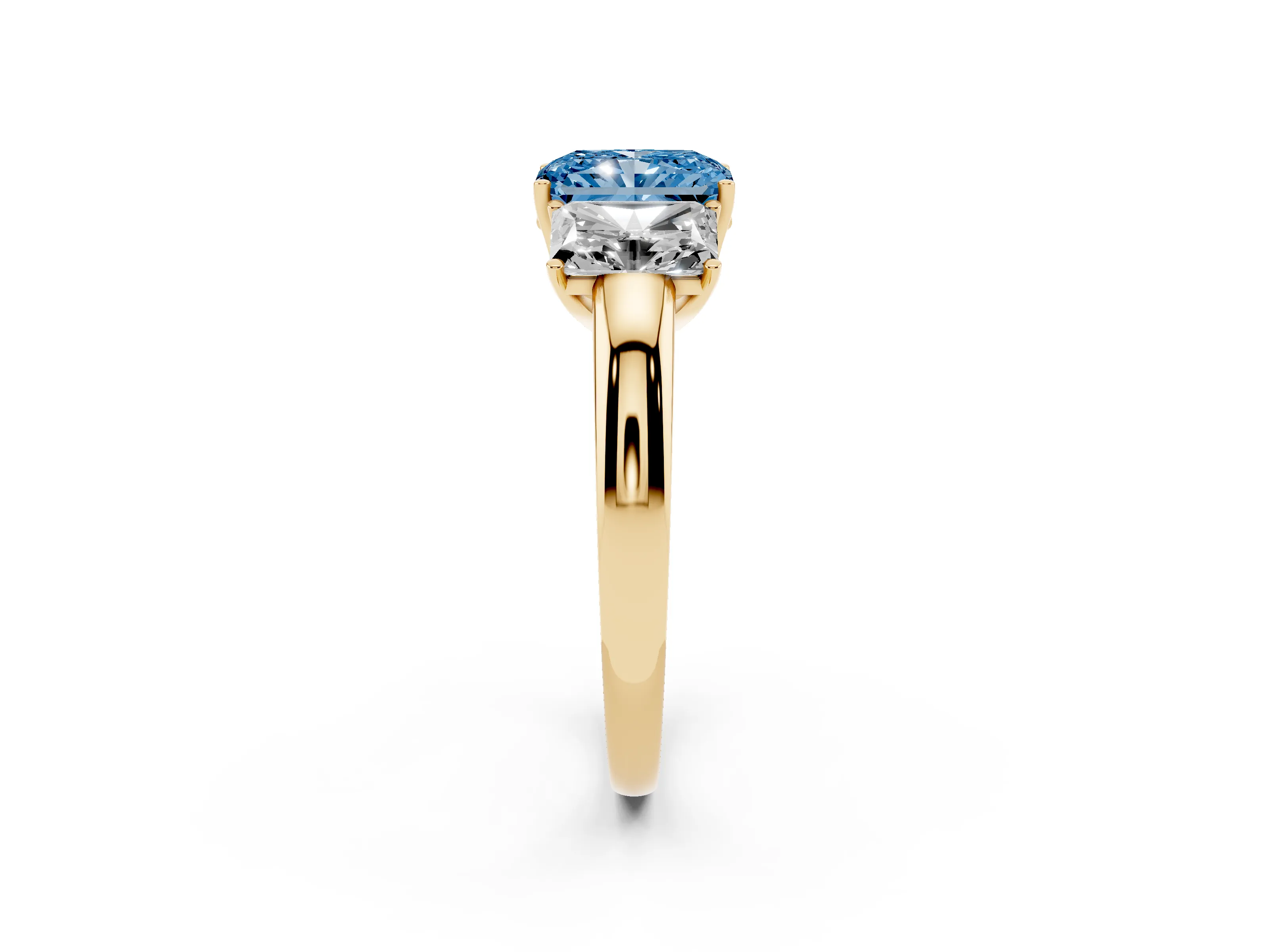Fancy Blue Radiant Cut Diamond Three-Stone Ring Set in Yellow gold with Bold Center and Classic Band