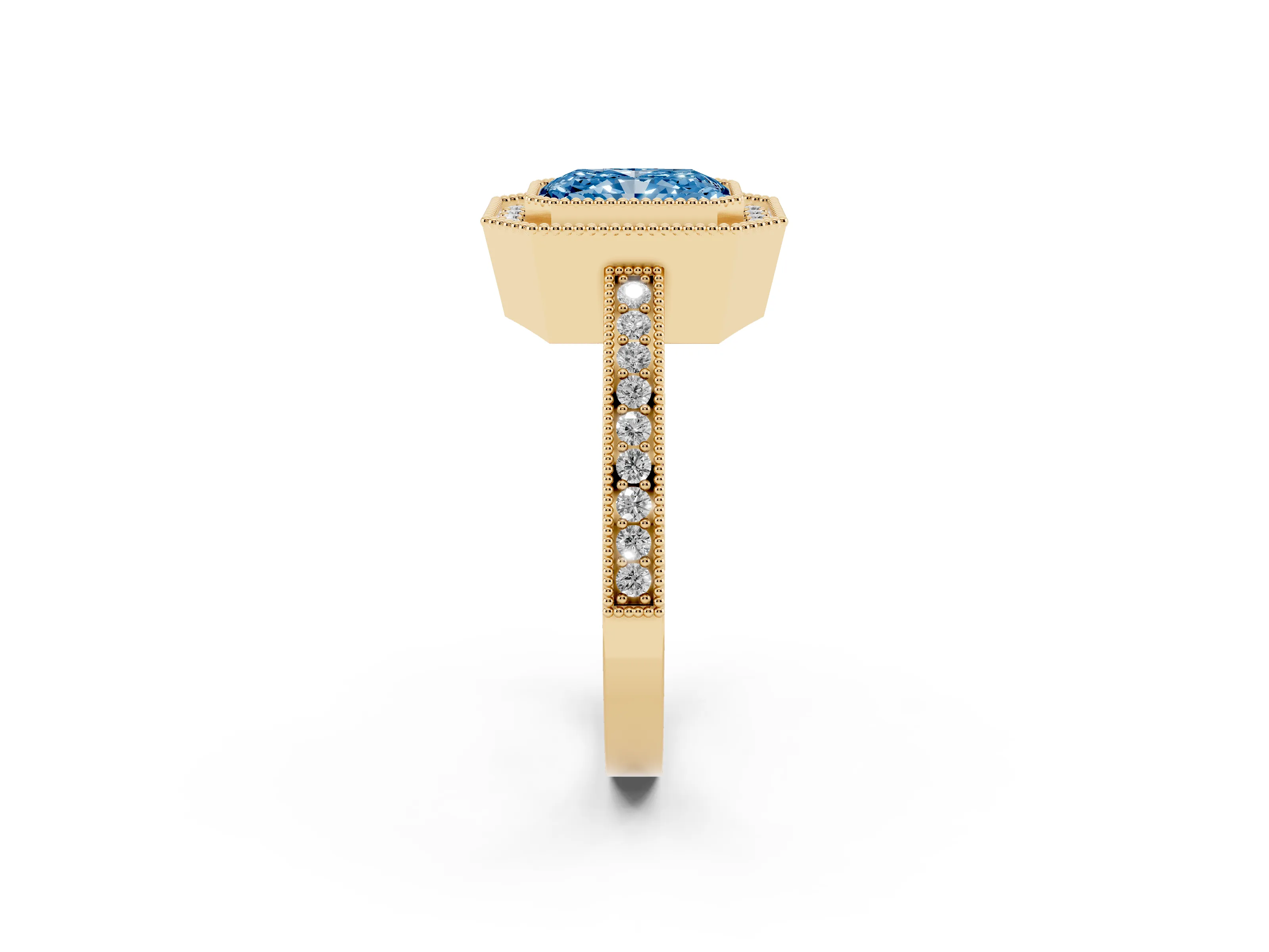 Fancy Blue Radiant Cut Diamond Round Halo Ring Set in Yellow gold with Pavé Band