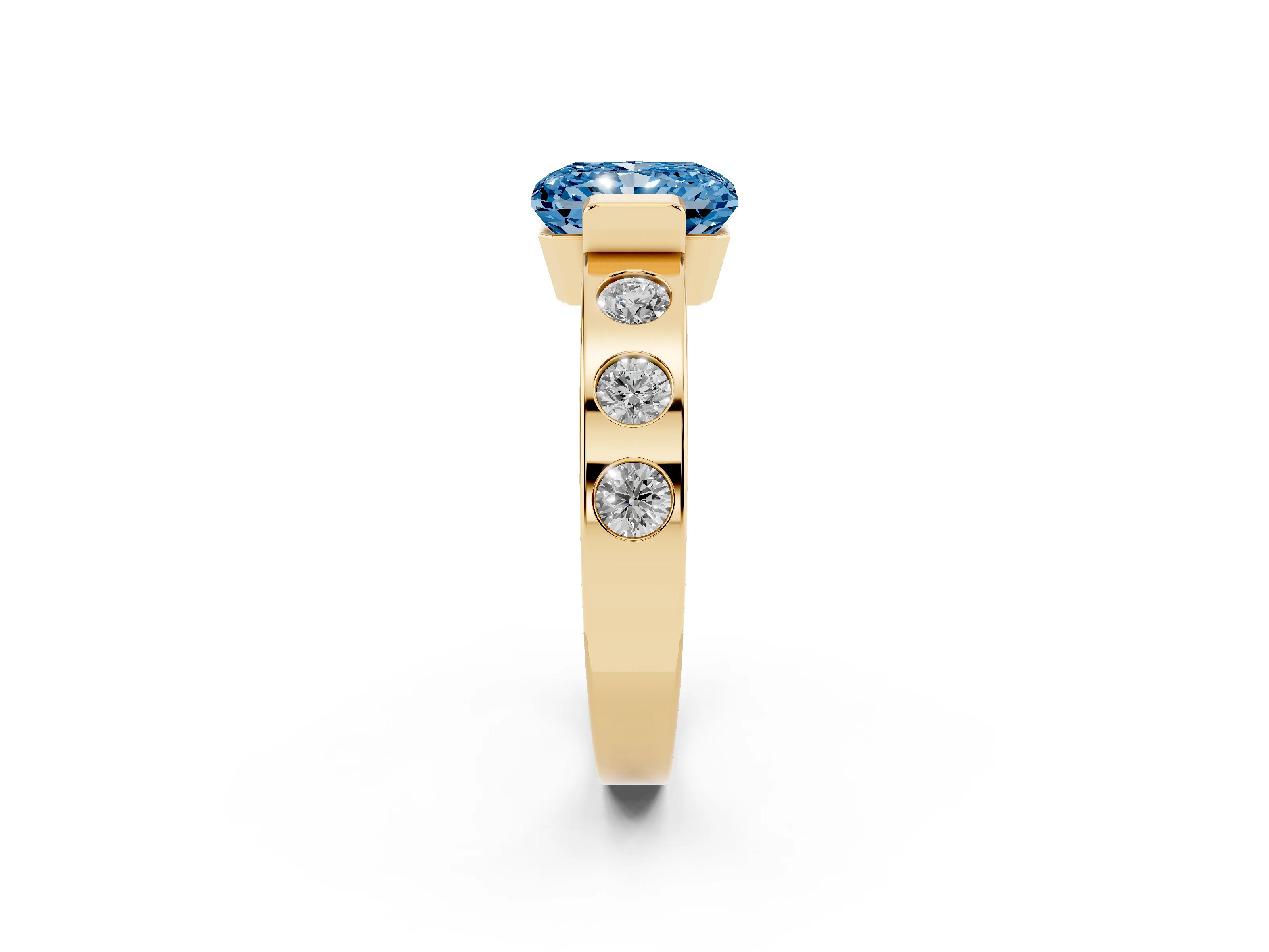 Fancy Blue Radiant Cut Diamond Channel-Set Band Ring Set in Yellow gold with Bezel Prong Setting