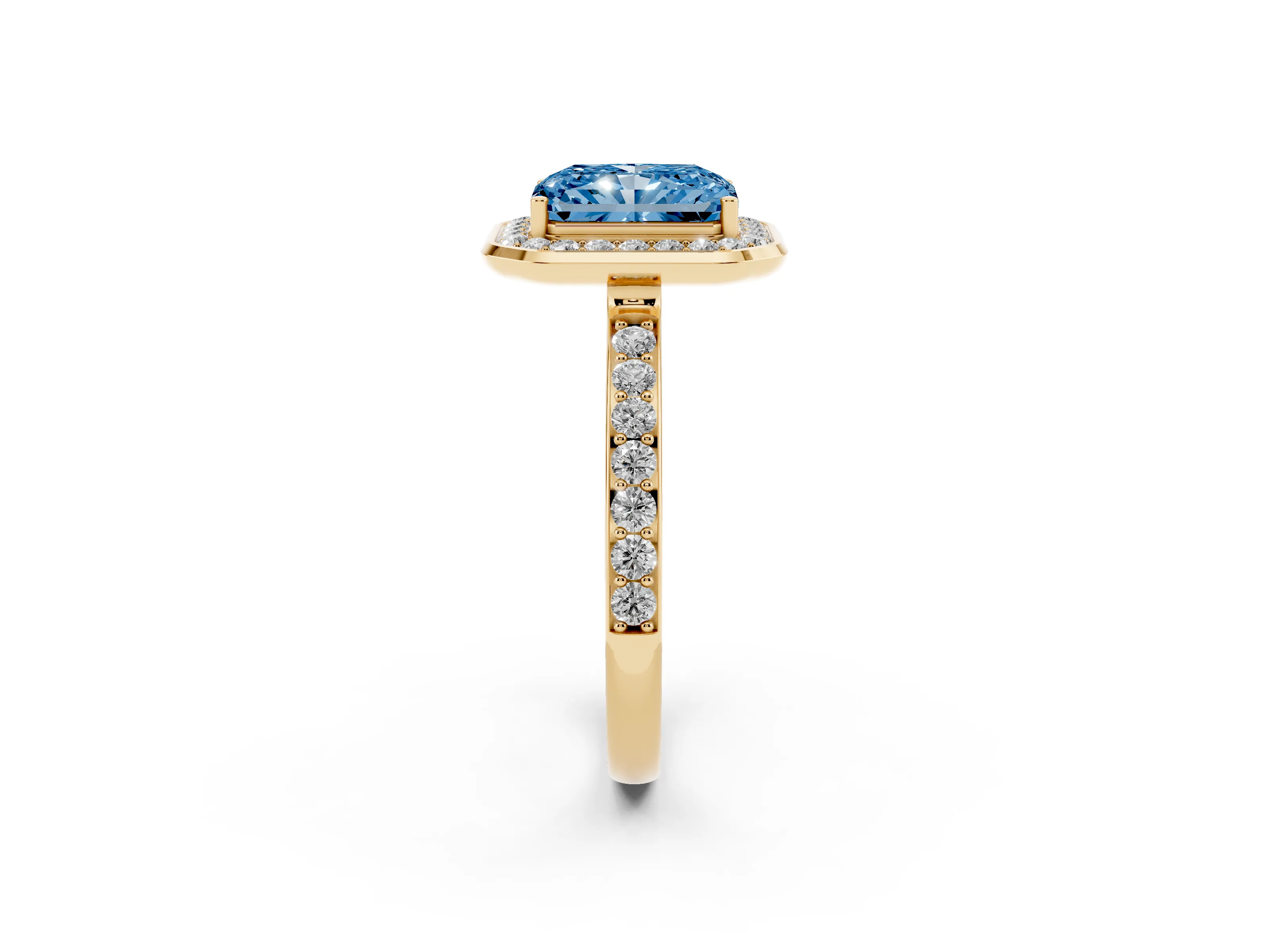 Fancy Blue Radiant Cut Diamond Halo Ring Set in Yellow gold with Bezel Frame and Pavé Band