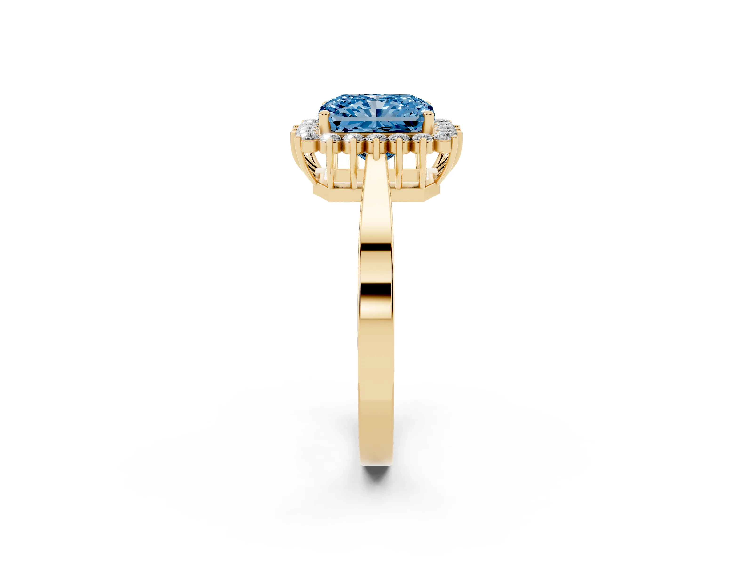 Fancy Blue Radiant Cut Diamond Halo Ring Set in Yellow gold with Round Halo and Smooth Solitaire Band