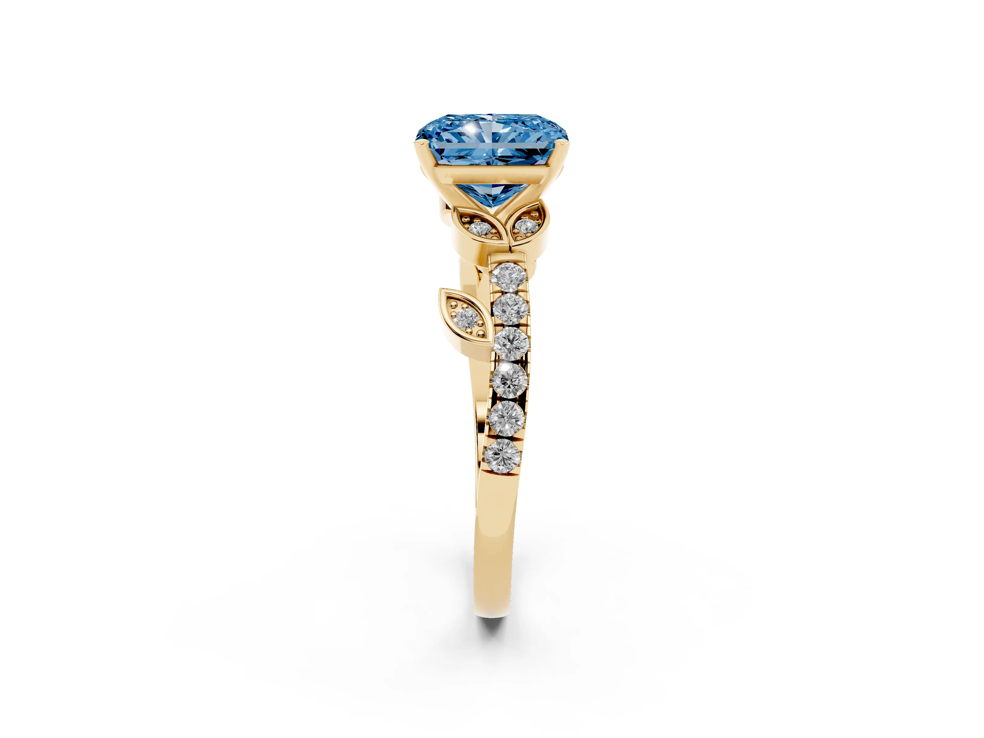 Fancy Blue Radiant Cut Diamond Solitaire Leaf-Inspired Ring Set in Yellow gold with Pavé Band and Prong Setting
