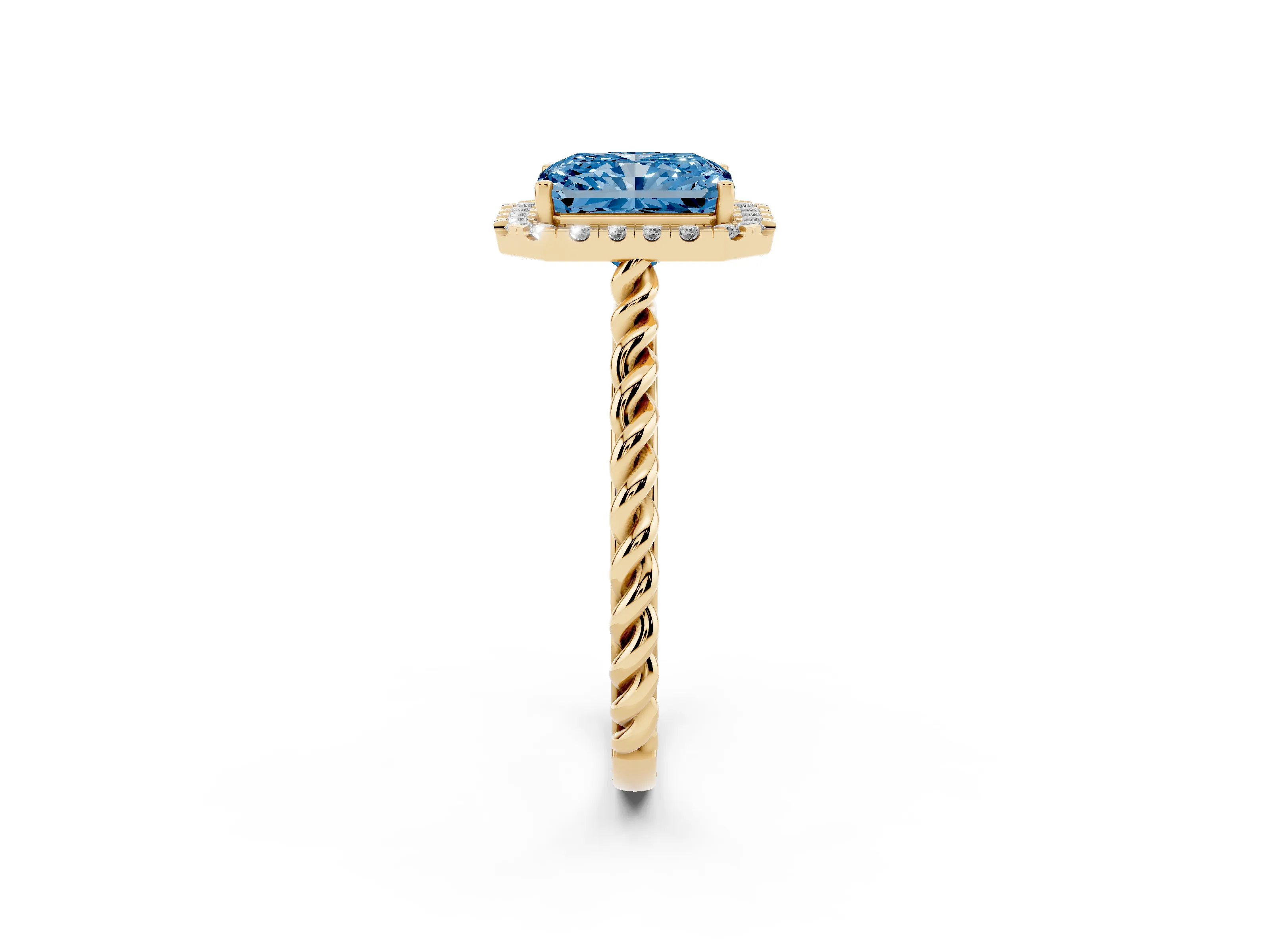 Fancy Blue Radiant Cut Diamond Halo Ring Set in Yellow gold with Plain Twisted Band