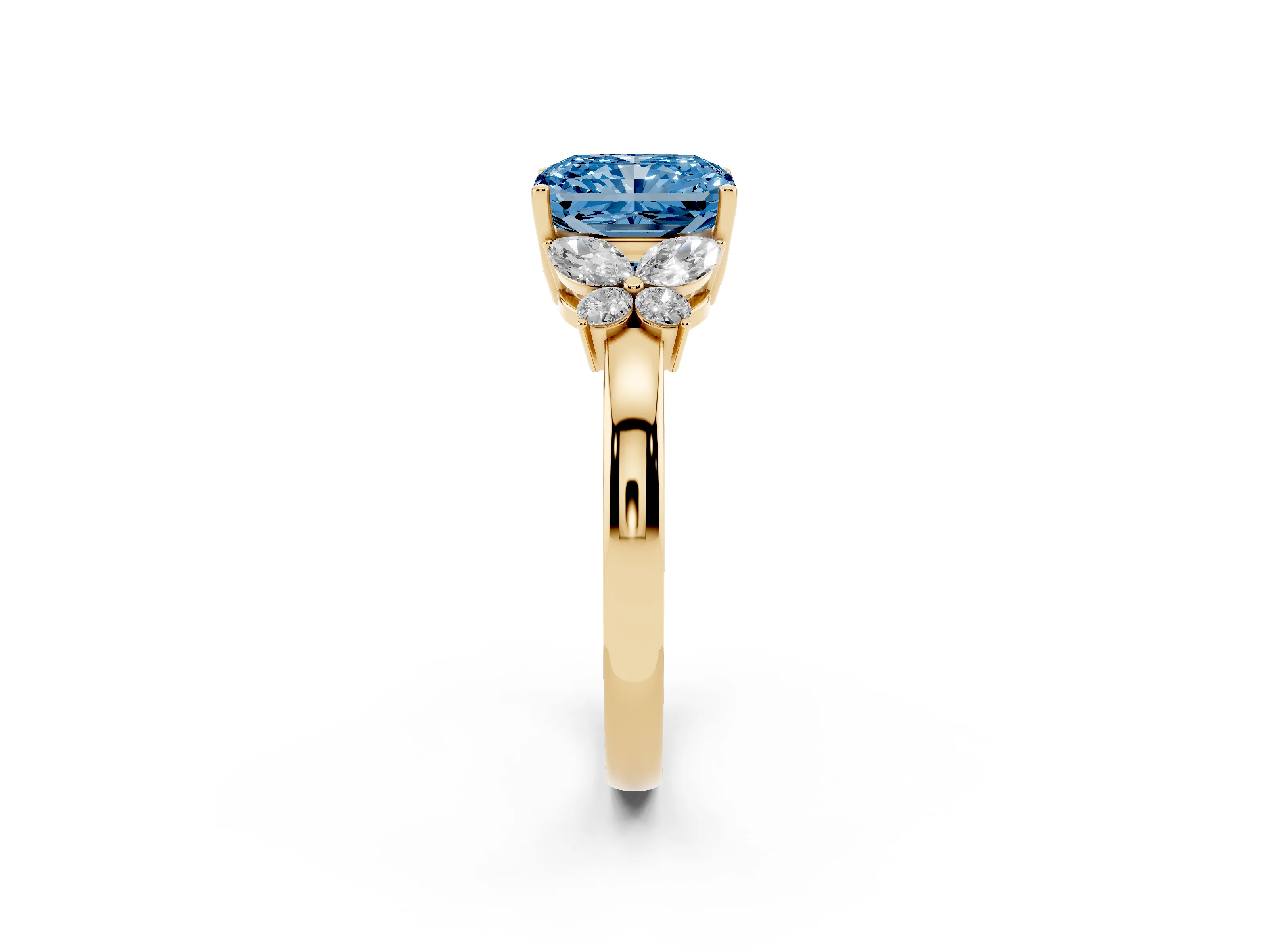 Fancy Blue Radiant Cut Diamond Solitaire Floral Ring Set in Yellow gold with Marquise Petals and Prong Setting