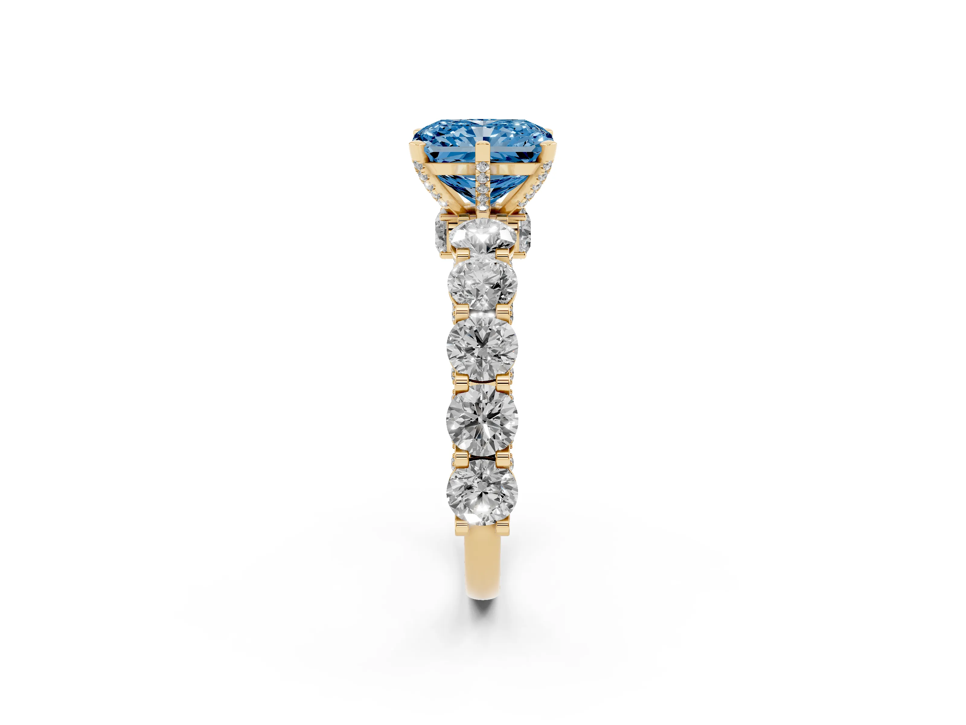 Fancy Blue Radiant Cut Diamond Side Stone Ring Set in Yellow gold with Alternating Round and Oval Side Stones