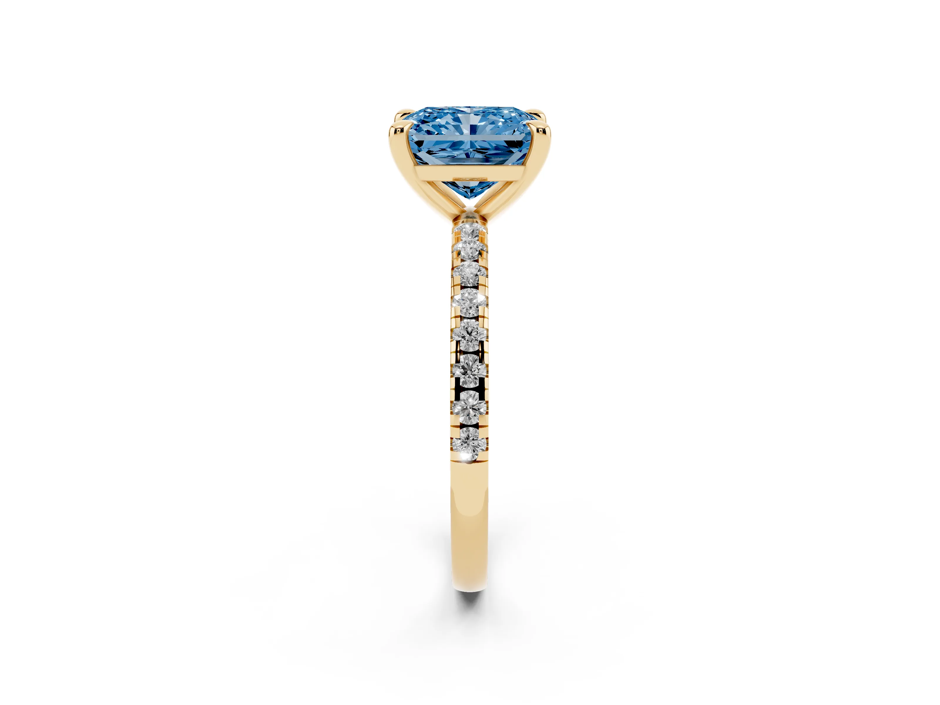Fancy Blue Radiant Cut Diamond Brilliant Solitaire Ring Set in Yellow gold with Pavé Band and Prong Setting