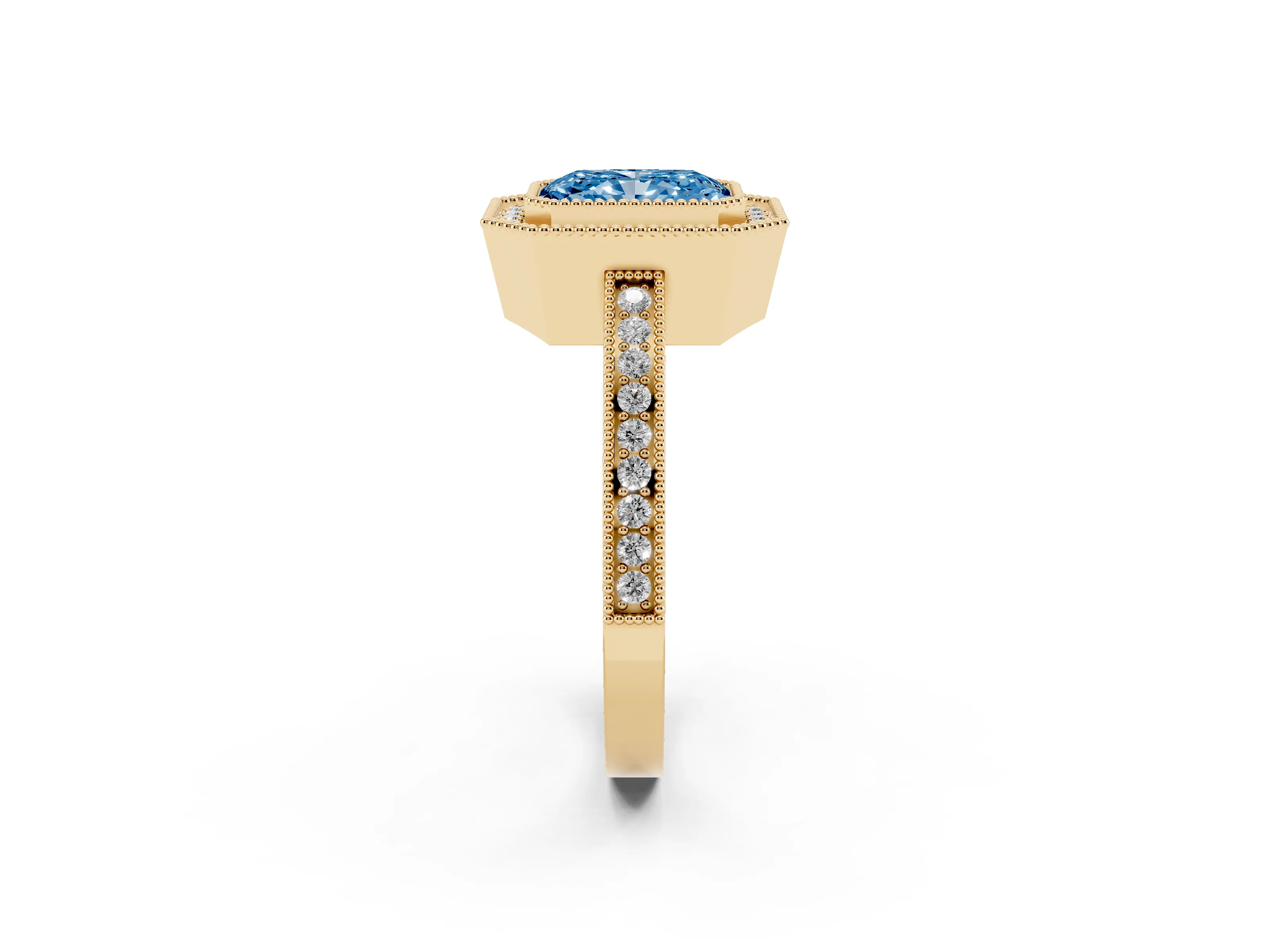 Fancy Blue Radiant Cut Diamond Halo Ring Set in Yellow gold with Pavé Band and Milgrain-Edged Prongs