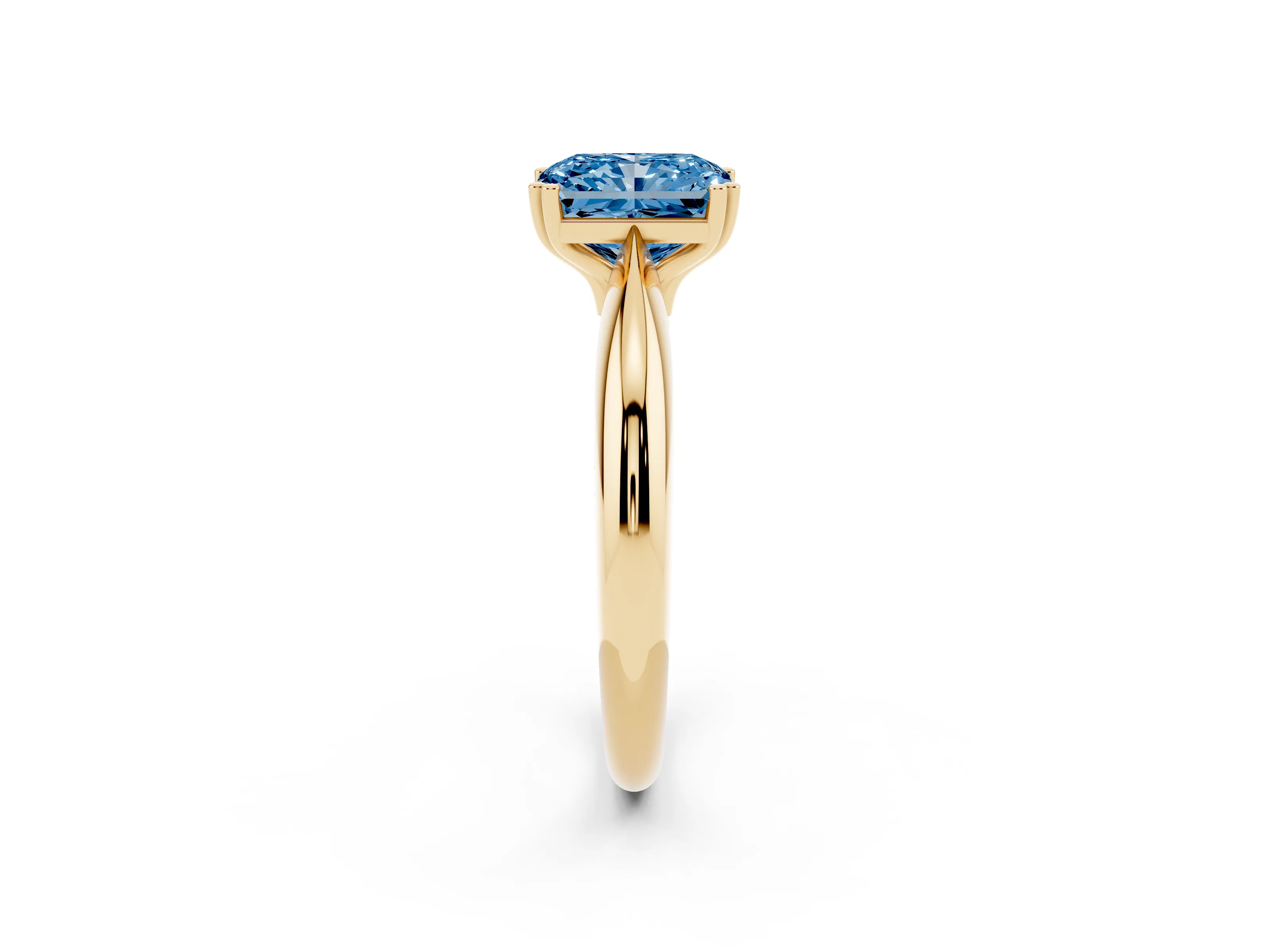 Fancy Blue Radiant Cut Diamond Solitaire Engagement Ring Set in Yellow gold with Tapered Band and Prong Setting