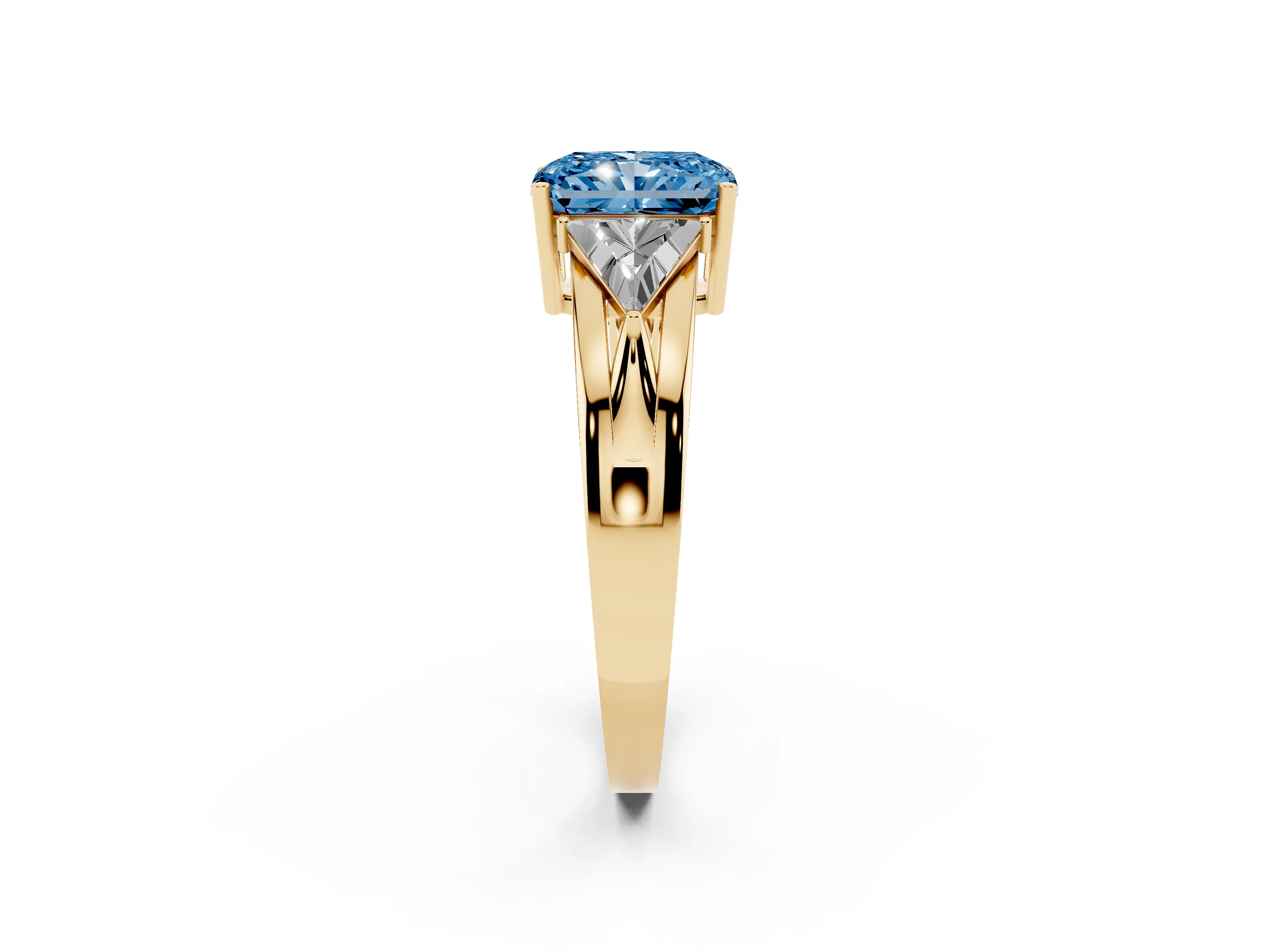 Fancy Blue Radiant Cut Diamond Three-Stone Ring Set in Yellow gold with Trillion Side Stones and Split Shank
