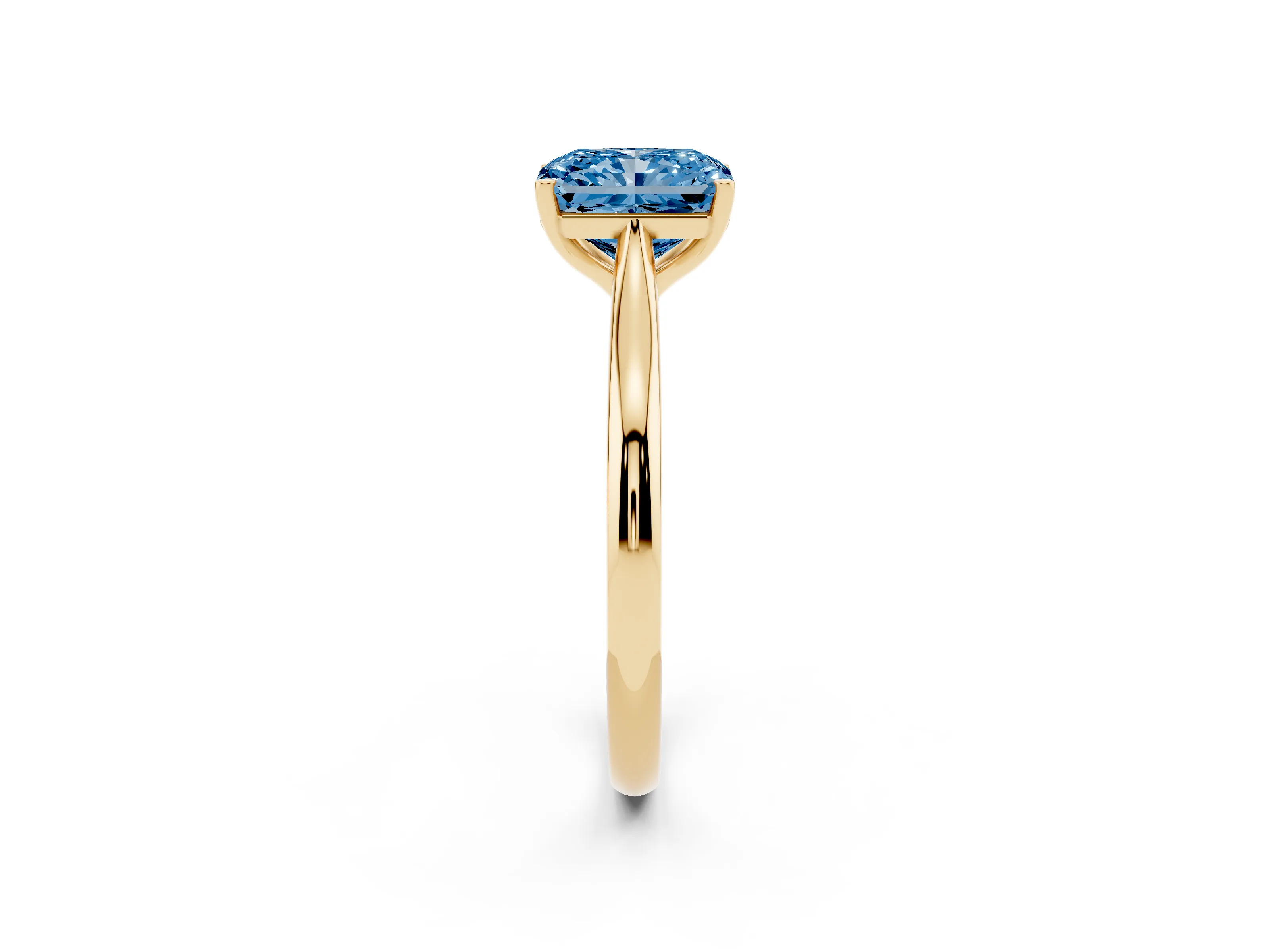 Fancy Blue Radiant Cut Diamond Solitaire Ring Set in Yellow gold with Cathedral Band and Prong Setting