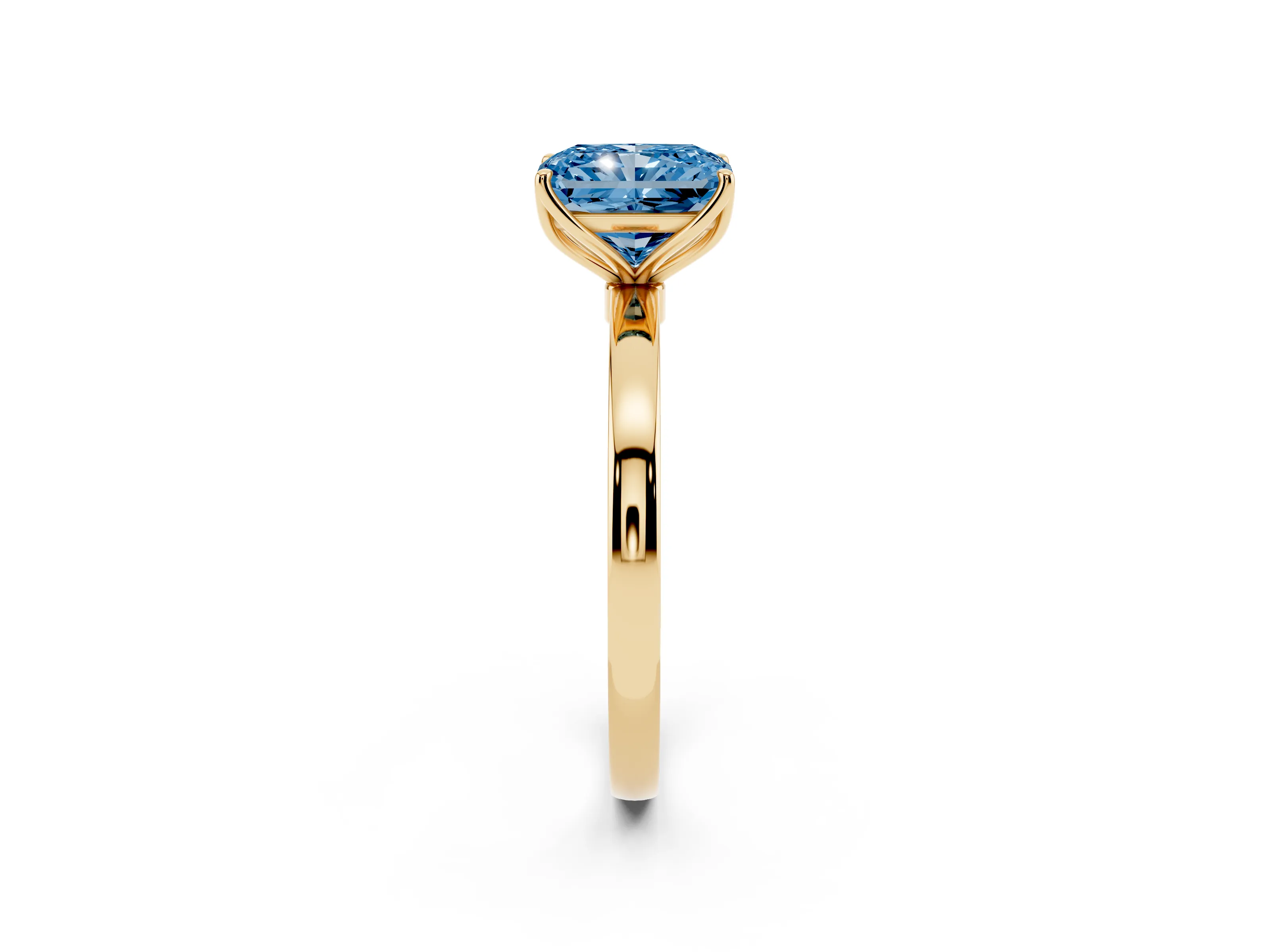 Fancy Blue Radiant Cut Diamond Solitaire Ring Set in Yellow gold with Prong Setting and Thin Polished Band