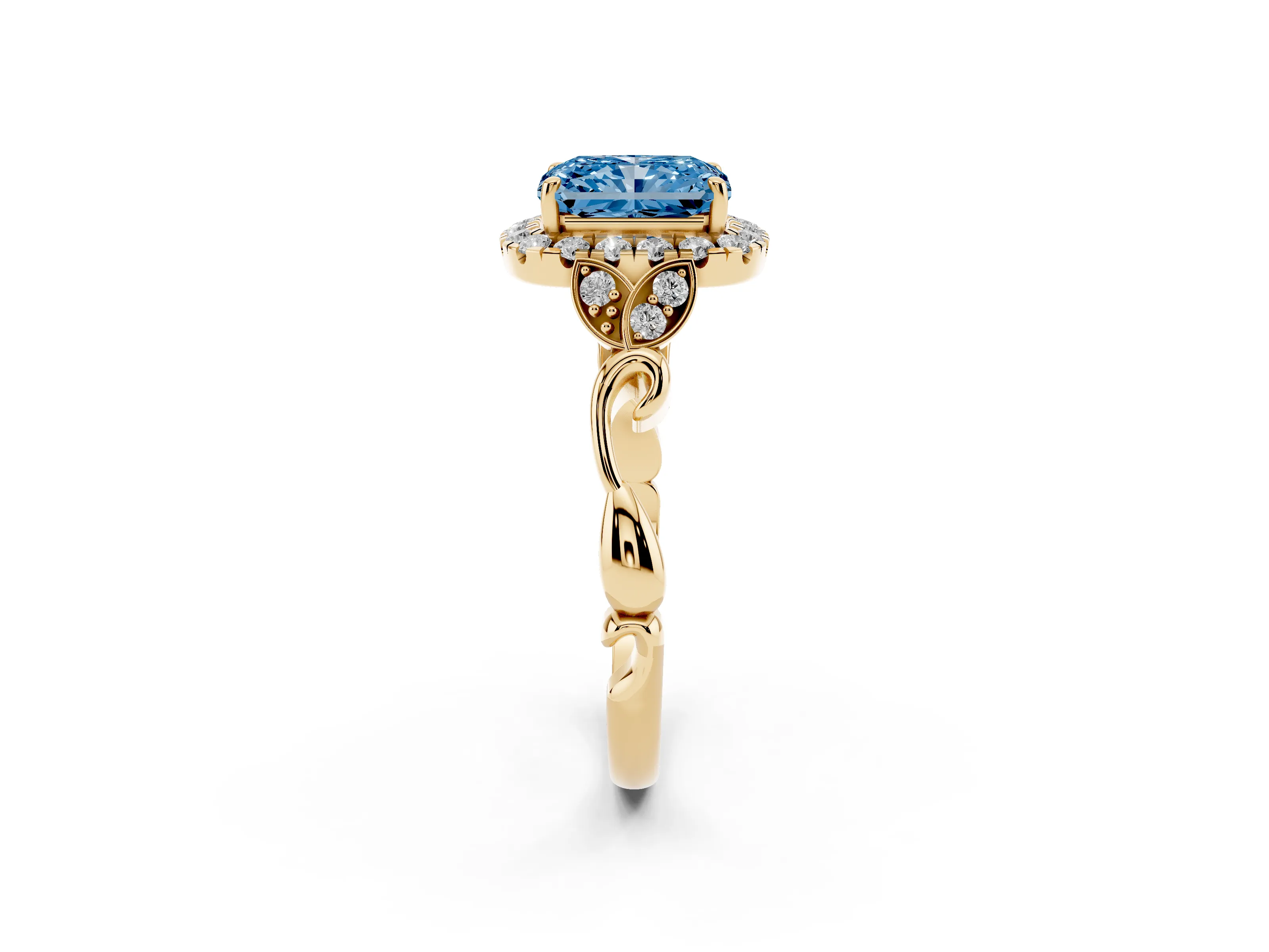Fancy Blue Radiant Cut Diamond Halo Engagement Ring Set in Yellow gold with Vintage-Inspired Band and Prong Setting