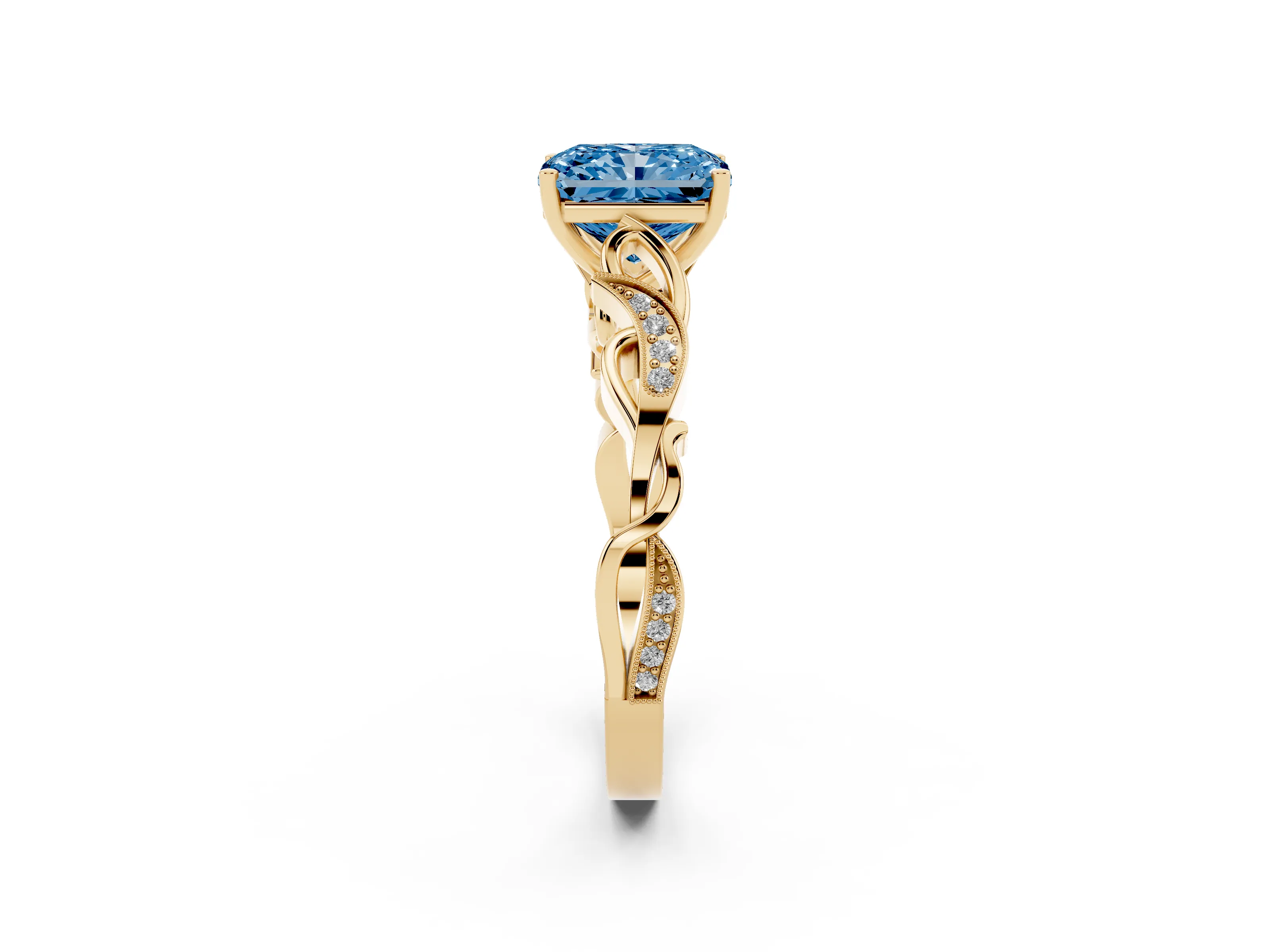 Fancy Blue Radiant Cut Diamond Vine Band Solitaire Ring Set in Yellow gold with Milgrain Prong Setting