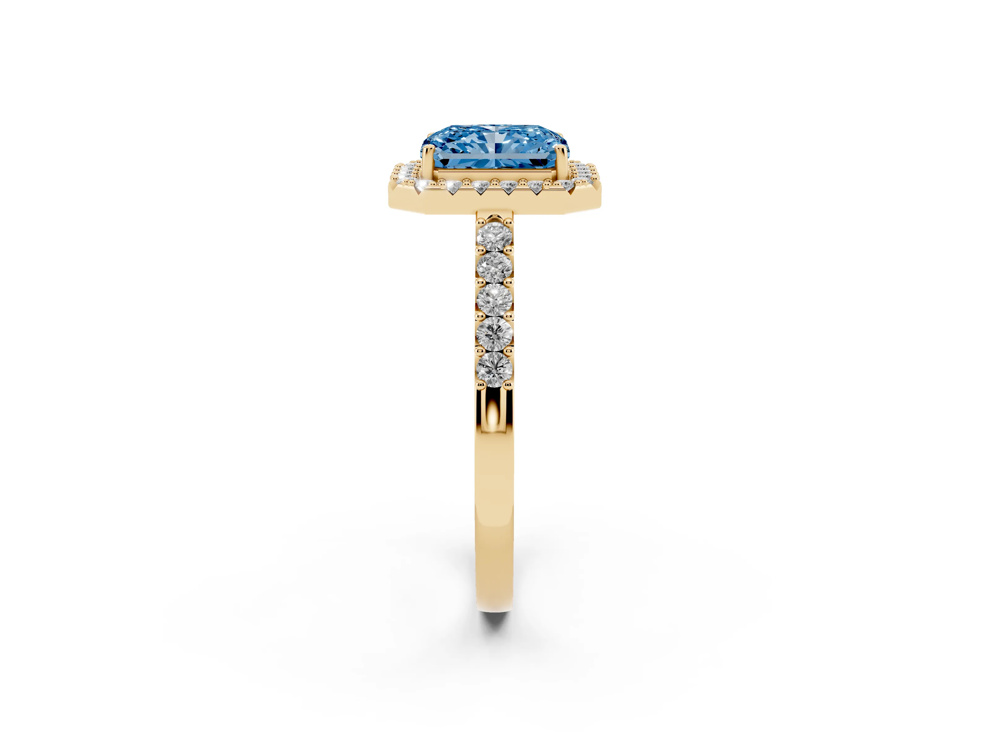 Fancy Blue Radiant Cut Diamond Halo Pavé Solitaire Ring Set in Yellow gold with Prong-Set Center Stone