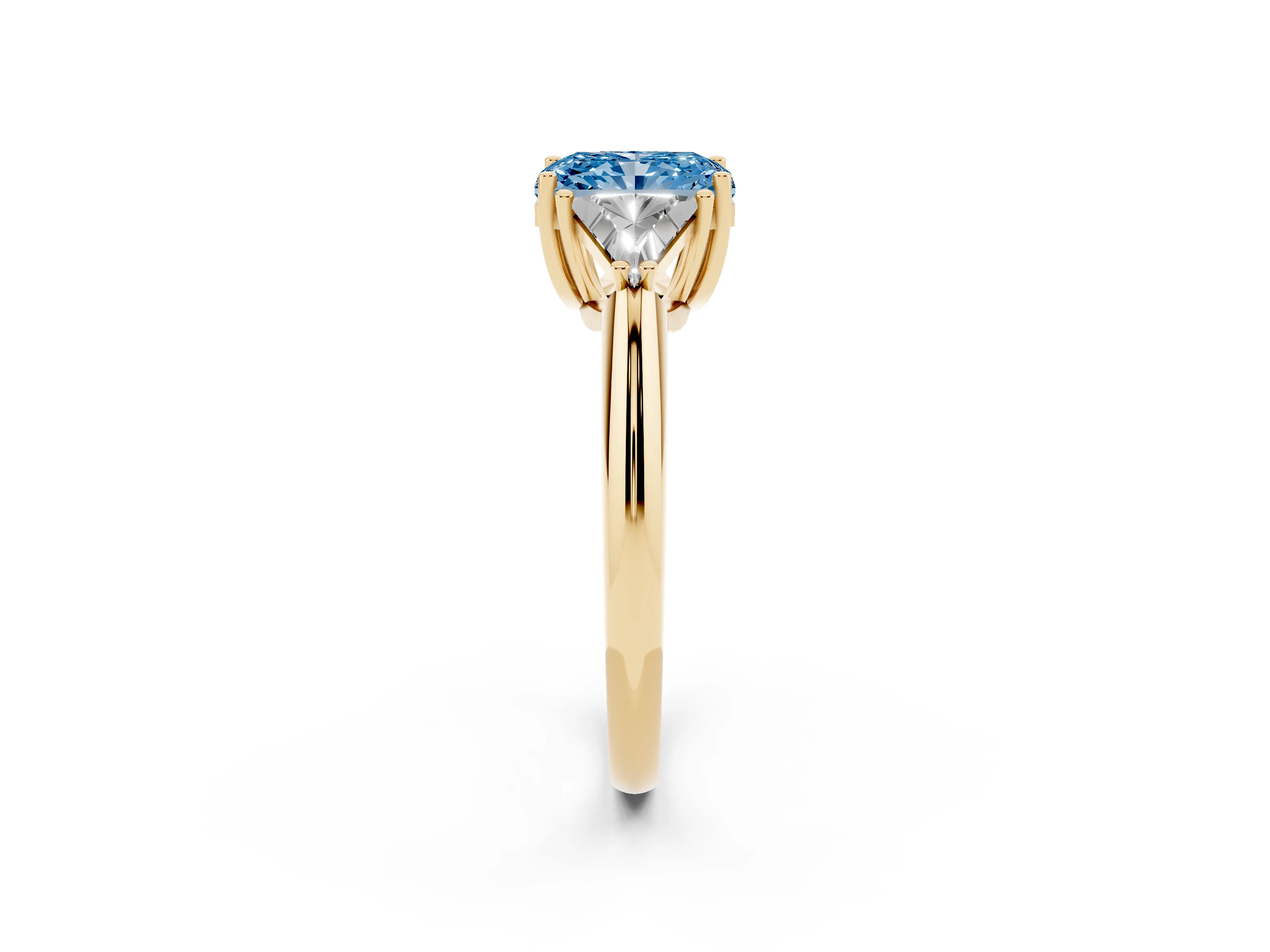 Fancy Blue Radiant Cut Diamond Three-Stone Engagement Ring Set in Yellow gold with Trillion Side Stones